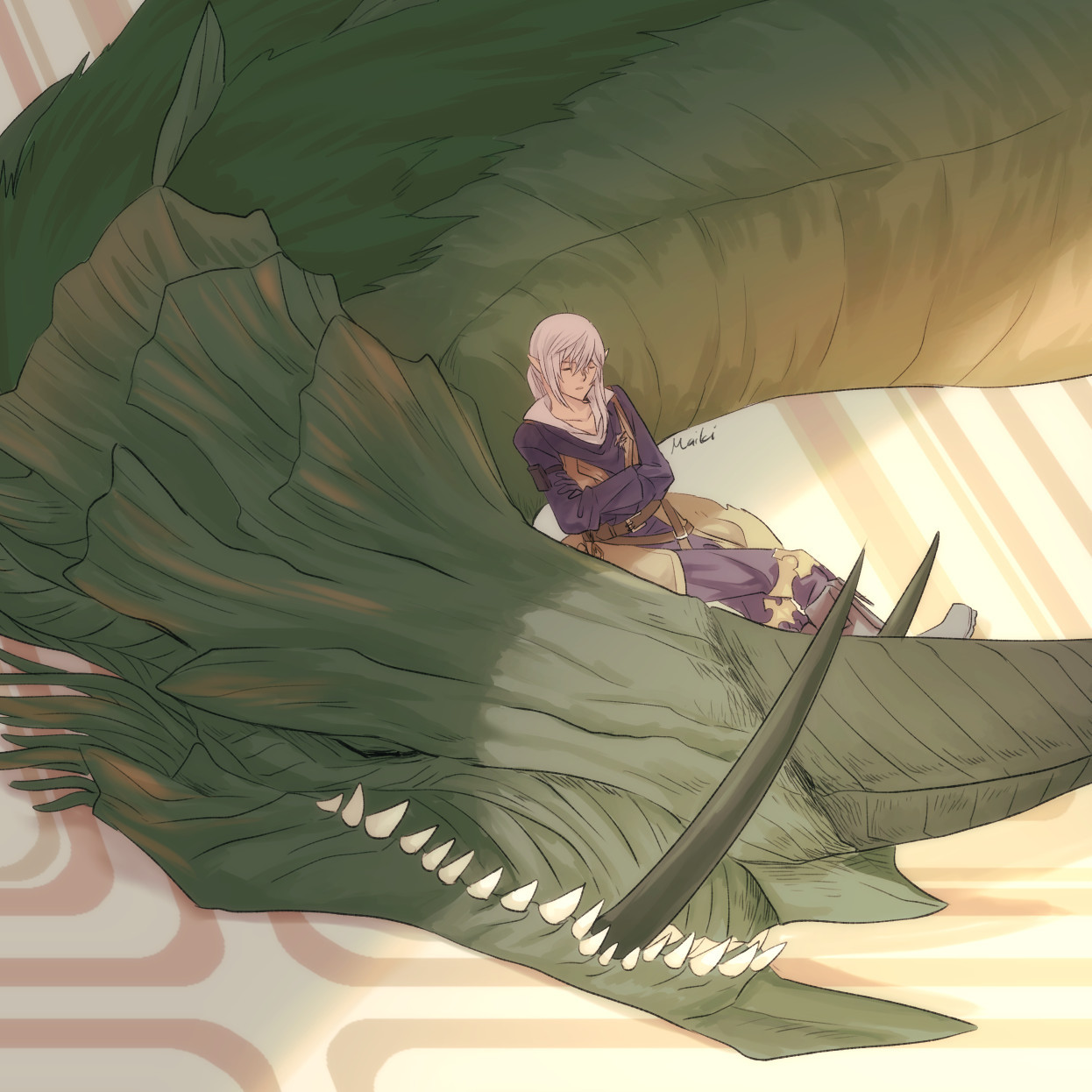 Artwork of Estinien and Vrtra having a nap on the floor of the Satrap room. Vrtra's head and neck laying on the floor while Estinien's back laying on Vrtra's neck. The sun shines in through an unseen window but they are nicely shaded by the wall.