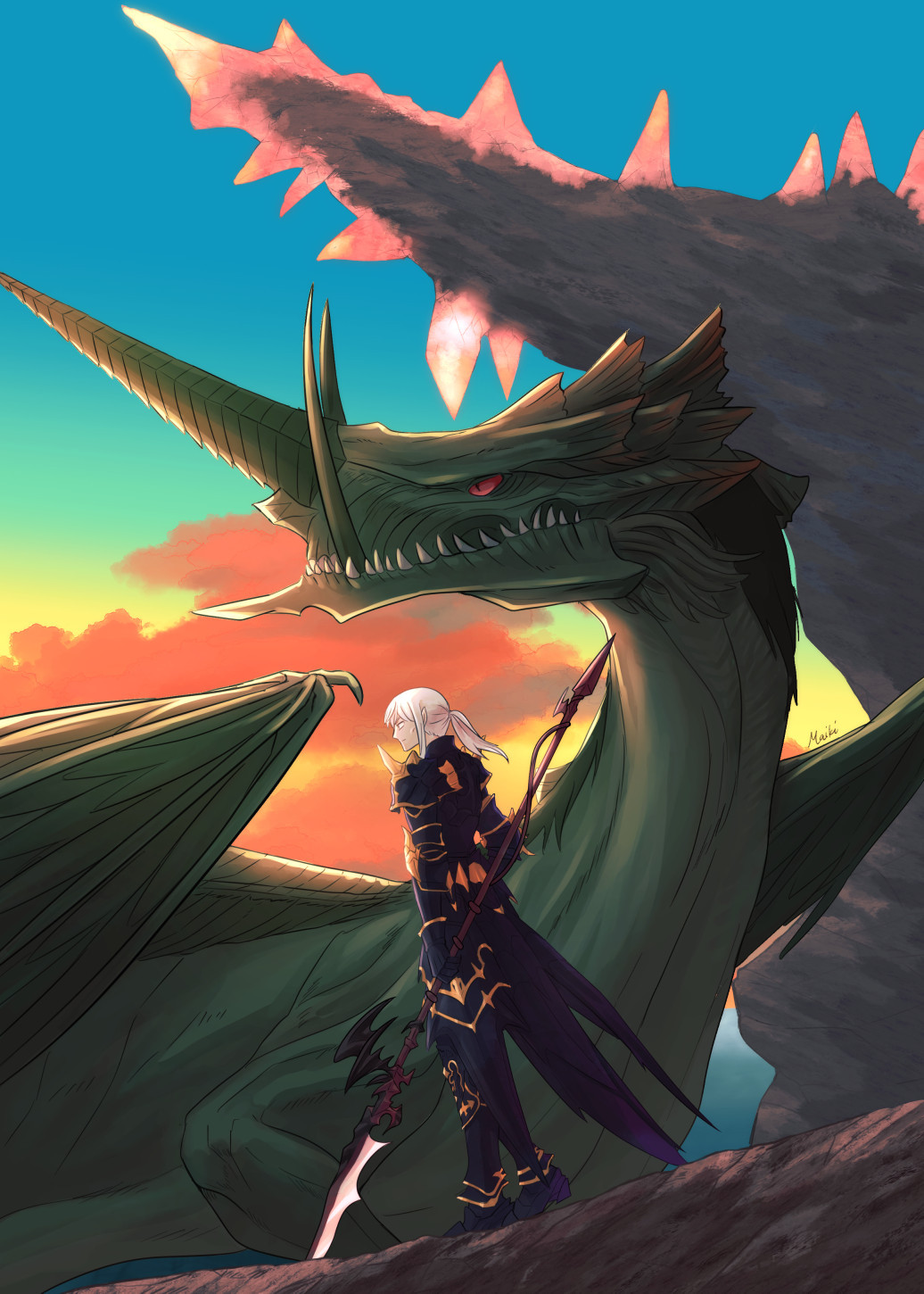 Artwork of Estinien and Vrtra standing on a cliff in Thavnair and looking out towards the sea where the sun sets. The rays of the sun shine on their faces.