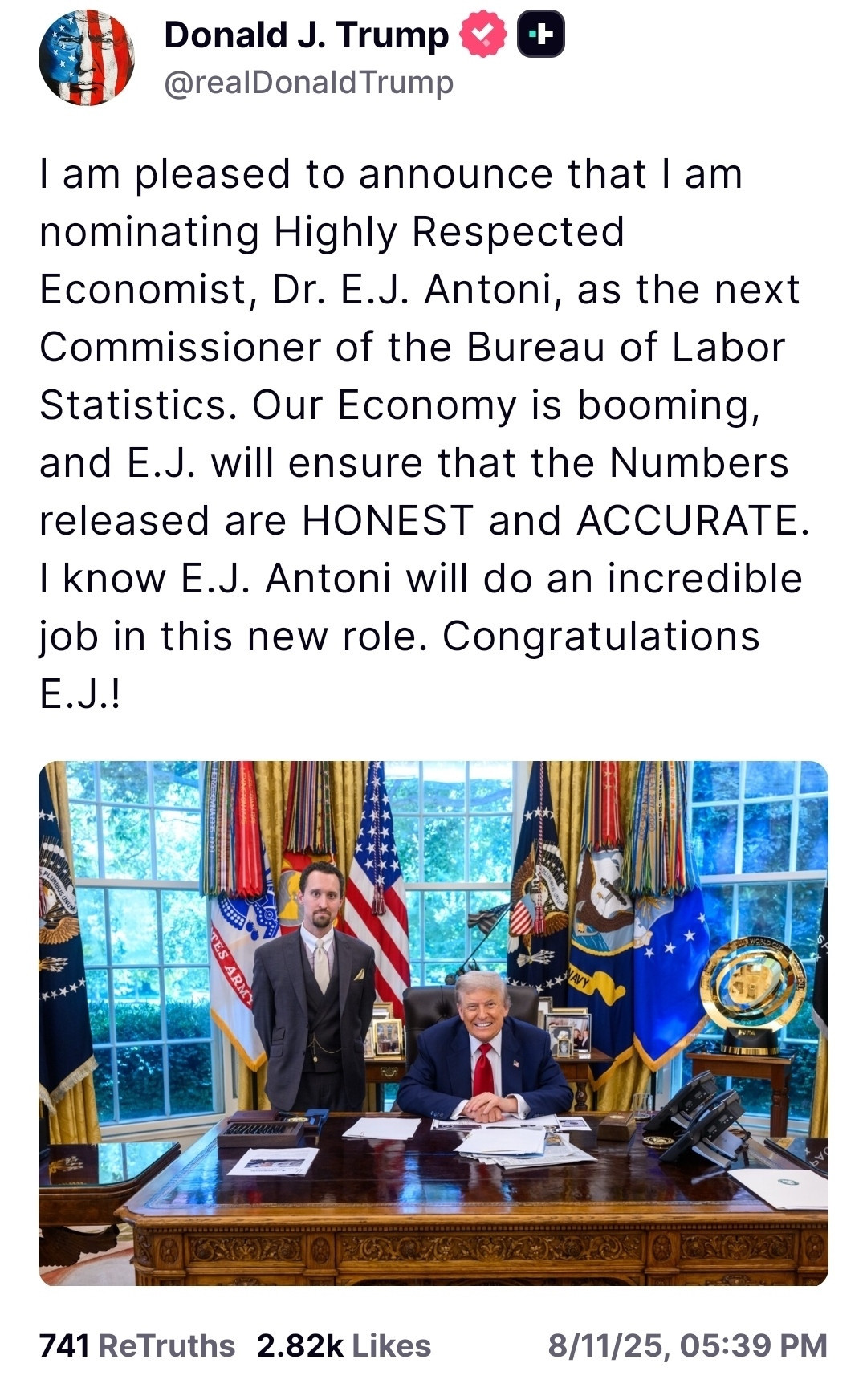Trump post about the “highly respected” stooge he tapped to head BLS