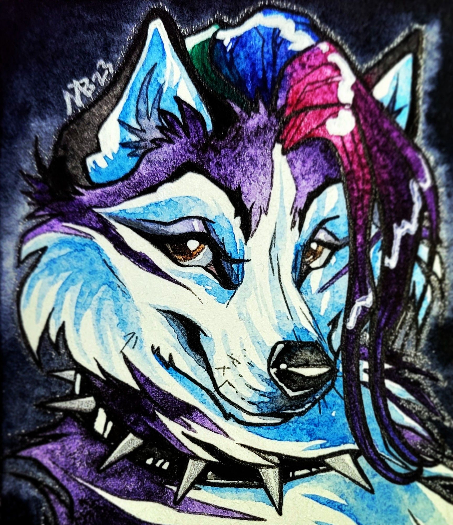 Watercolor and ink artwork of a cartoon dog with purple and white fur, brown eyes, and rainbow hair sprouting between her ears on a deep blueish grey background. The dog breed is a husky. She is wearing a black spiked collar and has a sassy yet friendly expression. The piece is black brush pen inks and vivid watercolors on 2 1/2 x 3 1/2 inch hot press watercolor paper.