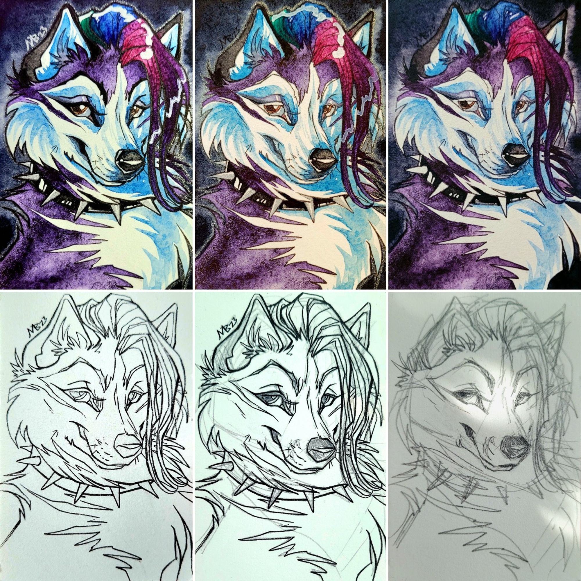 Succession of 6 images showing progression of a drawing of a cartoon dog ( with purple and white fur, wearing a spiked collar, a sassy raised eyebrow, and a shock of long rainbow hair coming from between their ears ) from finished full color piece, to partially colored, basic ink work, inked sketch, and preliminary pencil sketch. Piece is an Artist Trading Card (ATC) which is 2 1/2 by 3 1/2 inches in size.