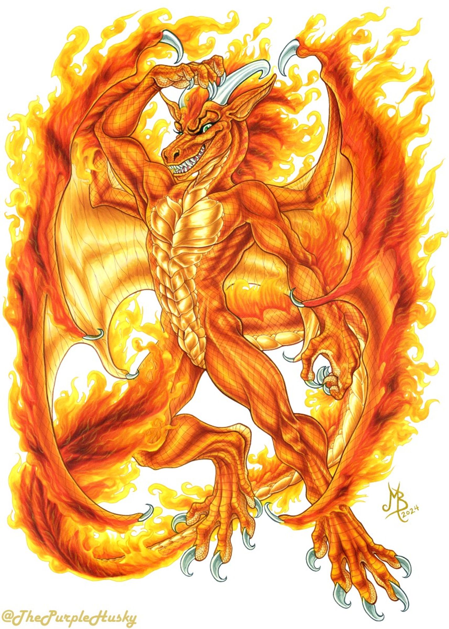 Muscular fire elemental dragon man posing nude framed by flaming wings with glossy orange body scales and yellow belly scales with red fins along his back, forearms, and large scalloped tail spade; from where the flames emerge. He has green eyes, two white horns on his head and white claws at the ends of his digits. He is grinning toothily at the viewer, his eyebrows arched in a  mischievous expression.