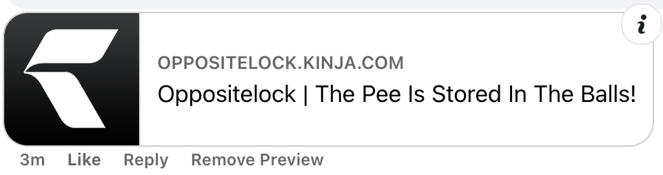 Link card for oppositelock.kinja.com: 

"Oppositelock | The Pee Is Stored In The Balls!"