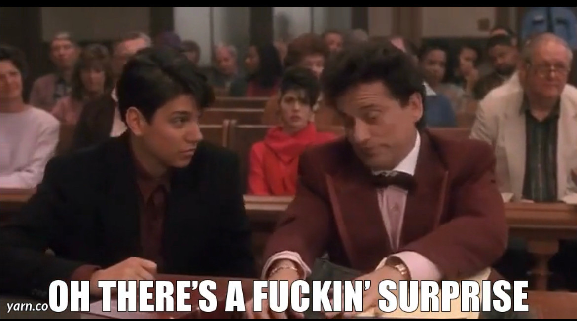 Joe Pesci and Ralph Maccio sitting at a courtroom table. The words “Oh, there’s a fuckin’ surprise” are below them in white.