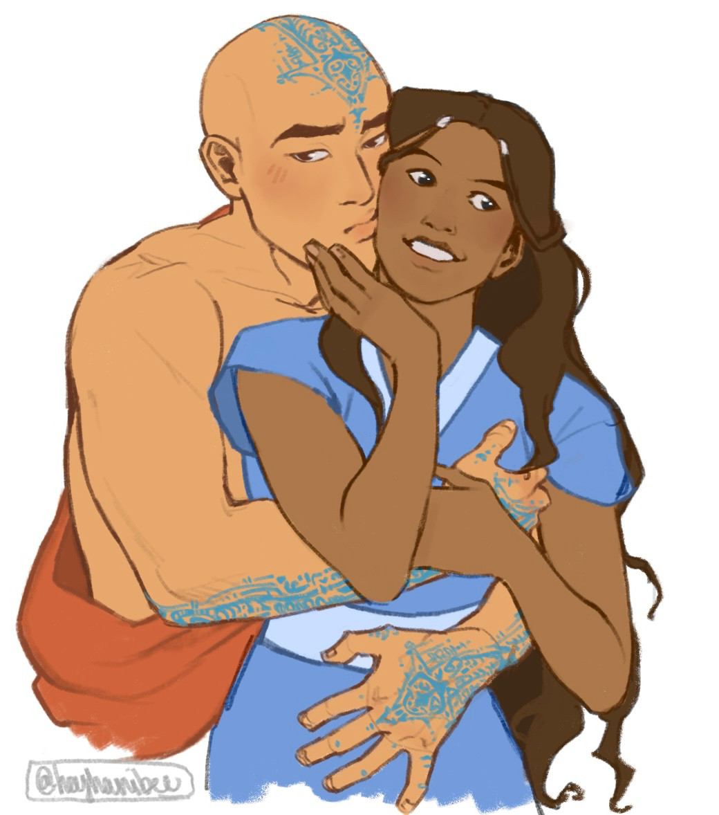 Adult versions of Aang and Katara from Avatar the Last Airbender. Aang is hugging Katara from behind, arms around her defensively while slightly pouting. Katara is smiling, one hand holding his arm while the other grazes his cheek. 