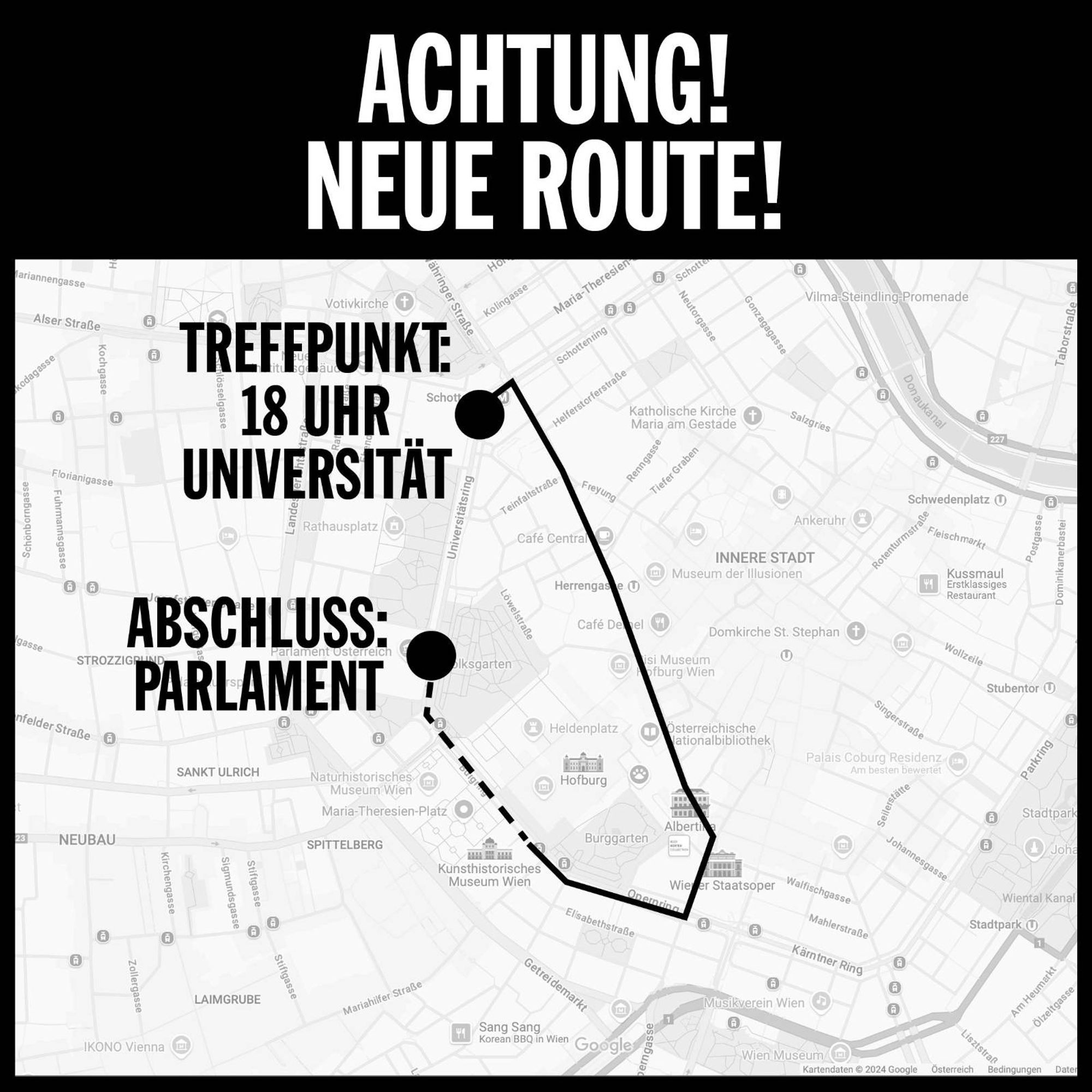 Stadtplanausschnitt der neuen Route für die Donnerstagsdemo. Treffpunkt um 18h bei der Universität am Ring, Abschluss beim Parlament, Weg durch den tiefschwarzen ersten Bezirk.