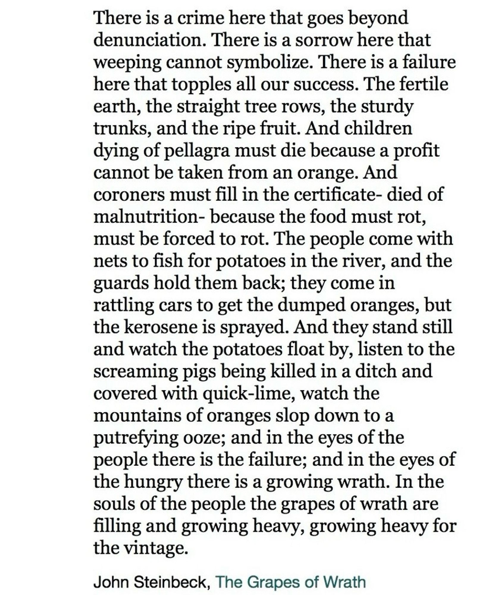 There is a sorrow here that weeping cannot symbolize. There is a failure here that topples all our success. The fertile earth, the straight tree rows, the sturdy trunks, and the ripe fruit. And children dying of pellagra must die because a profit cannot be taken from an orange. And coroners must fill in the certificate- died of malnutrition- because the food must rot, must be forced to rot. The people come with nets to fish for potatoes in the river, and the guards hold them back; they come in rattling cars to get the dumped oranges, but the kerosene is sprayed. And they stand still and watch the potatoes float by, listen to the screaming pigs being killed in a ditch and covered with quick-lime, watch the mountains of oranges slop down to a putrefying ooze; and in the eyes of the people there is the failure; and in the eyes of the hungry there is a growing wrath. In the souls of the people the grapes of wrath are filling and growing heavy, growing heavy for the vintage.