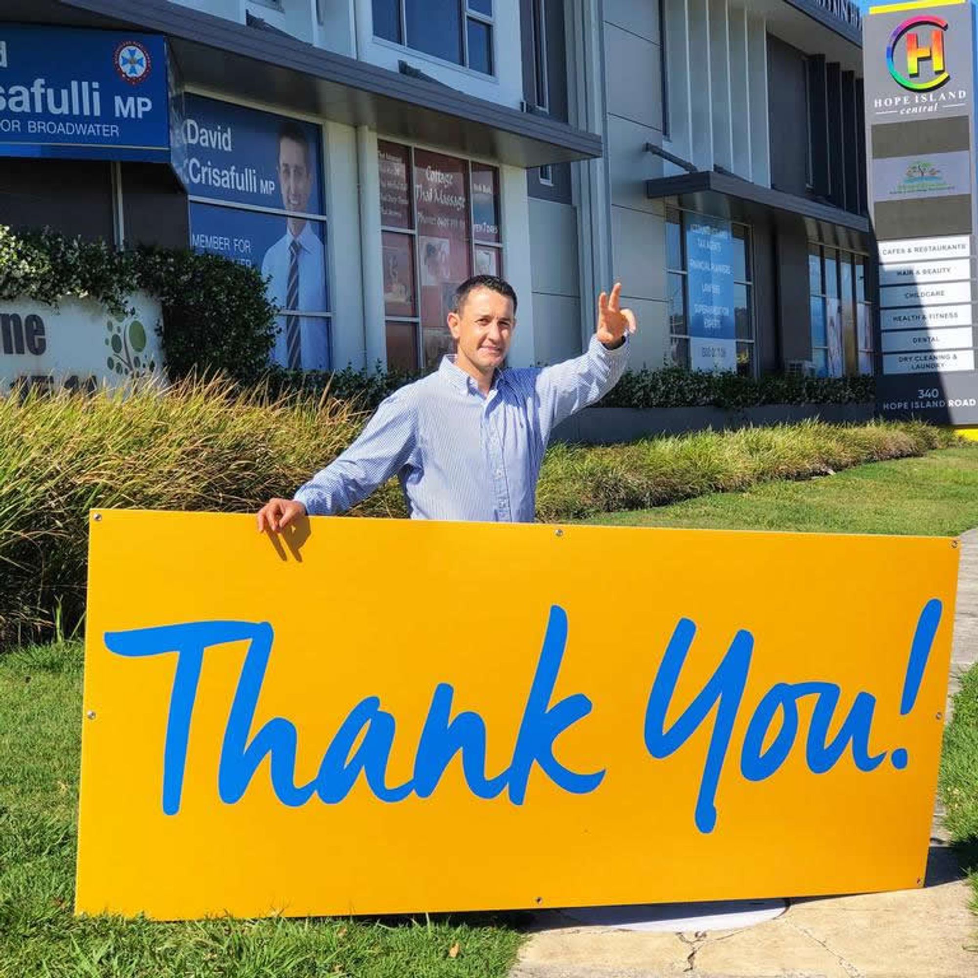 David Crisafulli outside his electorate office thanking voters after being successfully re-elected as MP for Broadwater.