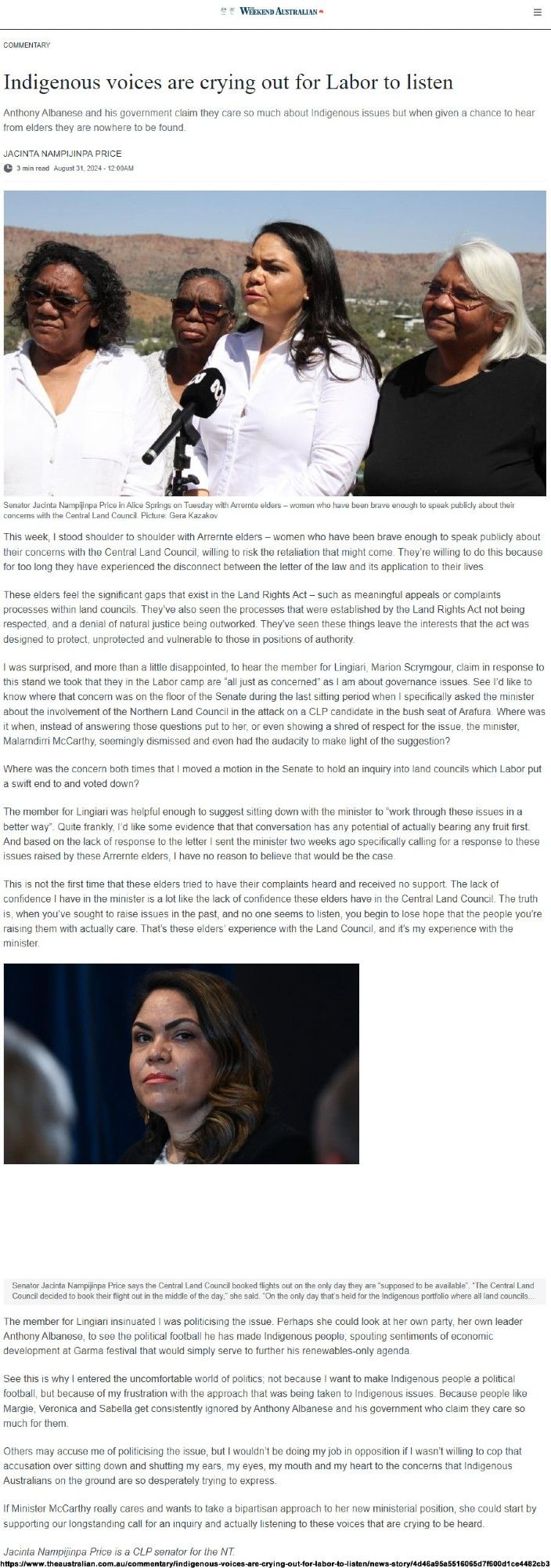 Coalition Senator Jacinta Nampijinpa Price has written in The Australian:  Indigenous voices are crying out for Labor to listen. Anthony Albanese and his government claim they care so much about Indigenous issues but when given a chance to hear from elders they are nowhere to be found.