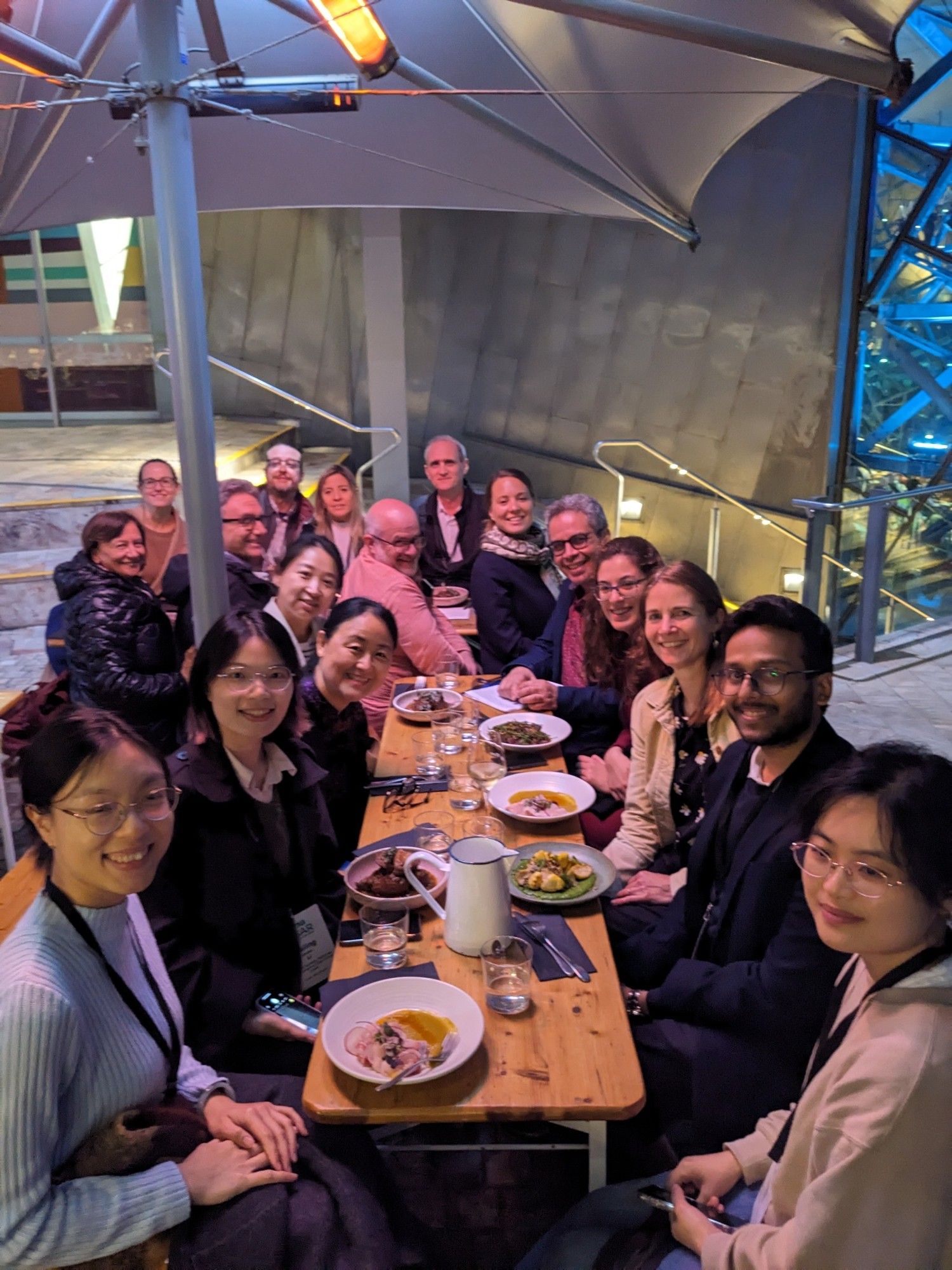 Autism researchers from all continents around an outside dinner table in central Melbourne