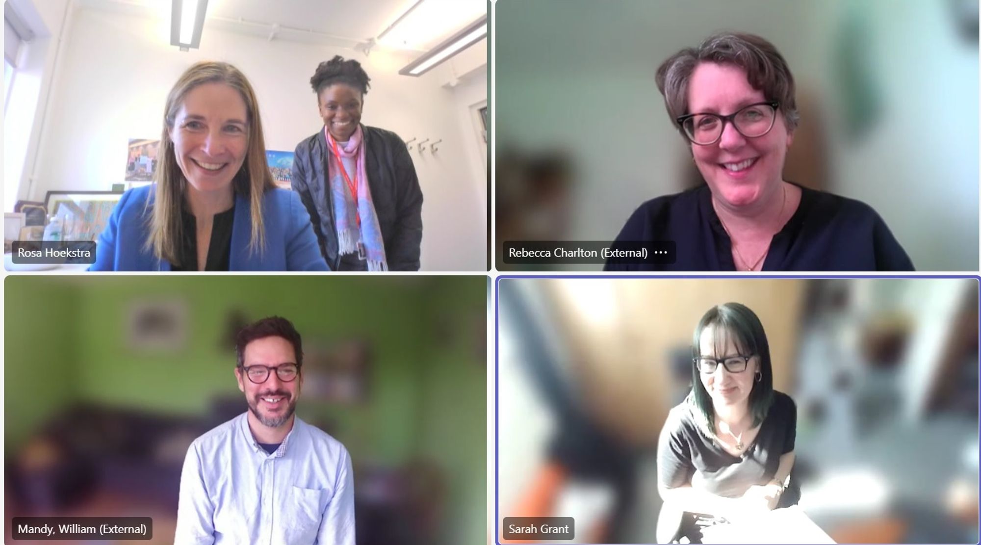 screenshot of the online viva meeting room just after Dr Sarah Grant heard she passed her PhD viva with minor corrections. External examiners Profs Rebecca Charlton and Will Mandy are also in the room