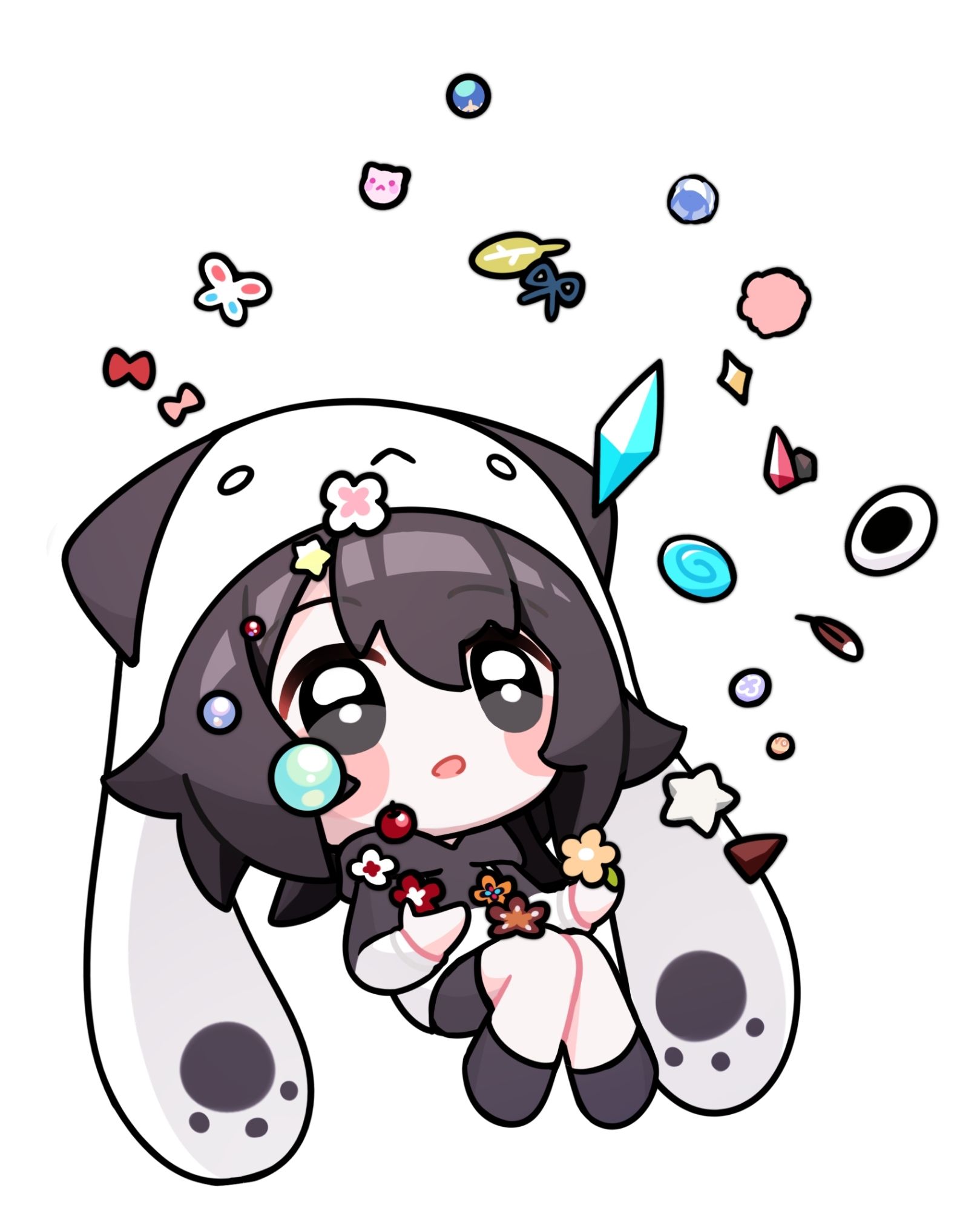 my persona, a black haired girl, floating around with ornaments symbolizing my original characters