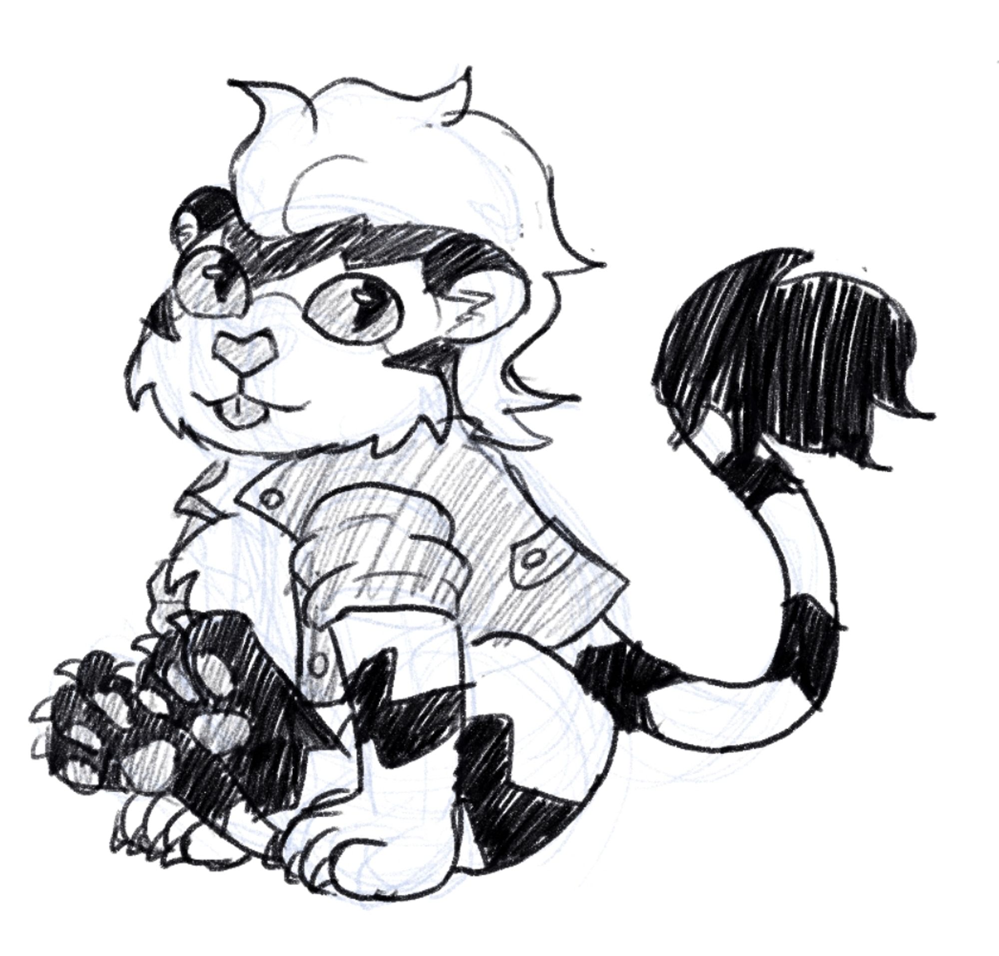 Black and white doodle of Olliemon, a tiger digimon in a jean jacket, sitting down with his toe beans visible and his tongue sticking out in a blep.