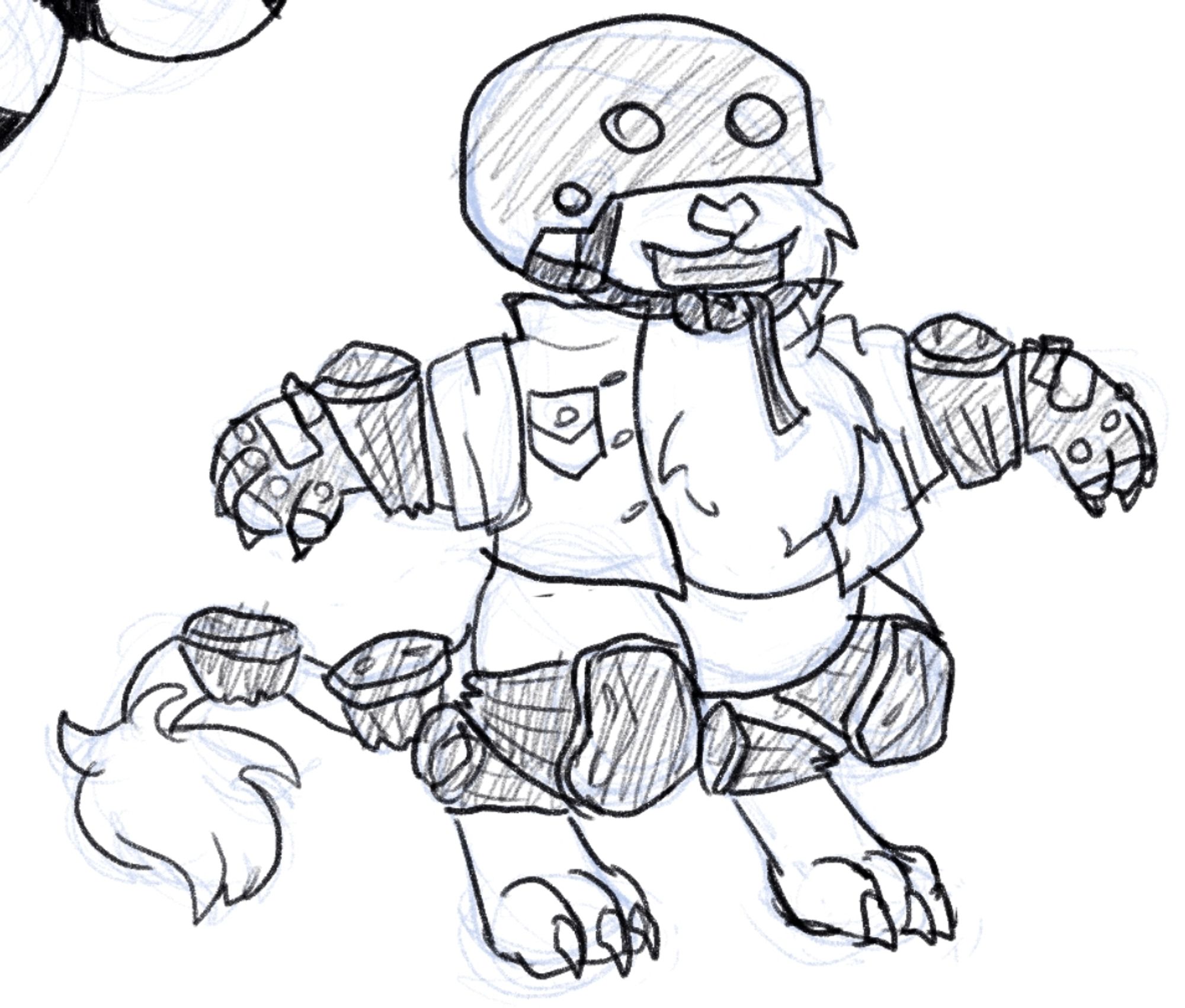 Black and white doodle of Olliemon, a bipedal tiger digimon wearing a jean jacket, decked out in a helmet that covers his eyes, a mouth guard, elbow pads, fingerless gloves, knee pads, a second set of knee pads facing backwards for his digitigrade legs, and two additional elbow pads strapped to his tail