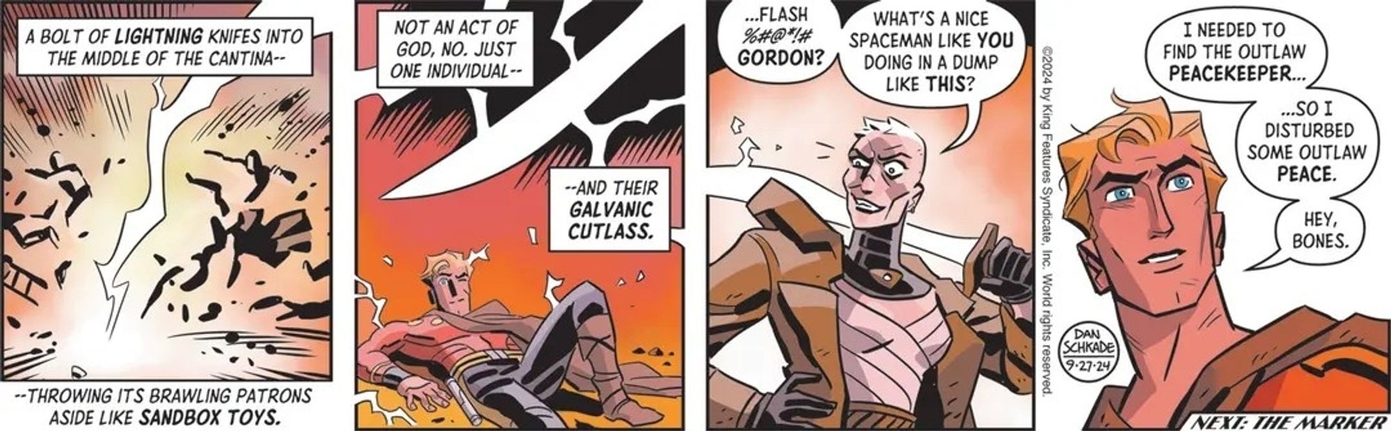 Today's Flash Gordon, in which Flash encounters Bones Malock, nonbinary space outlaw with a giant duster coat and a lightning sword and also a huge bitch, electrifies and then greets "Flash [grawlix] Gordon"