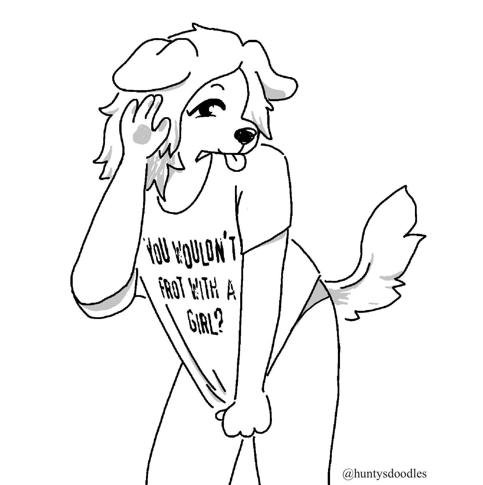 art of a puppy girl with her hand to her ear and her other hand pulling her shirt down, looking slyly at the camera with her tongue out. Her shirt says “you wouldn’t frot with a girl?“ in the anti-piracy commercial font