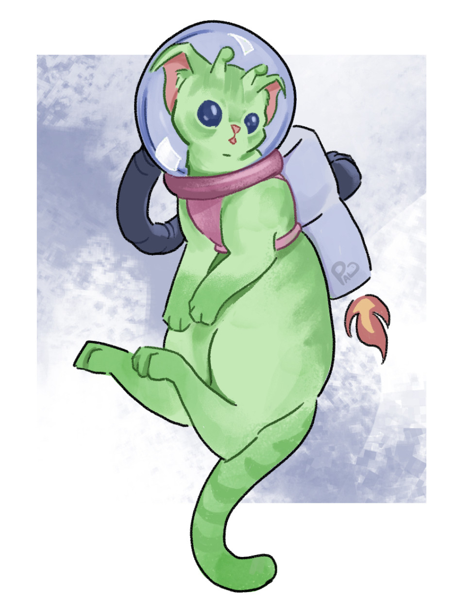 A digital illustration of a green alien cat. The cat has a fish-bowl style space helmet and a jetpack attached to a pink harness. The cat is on a blue and white background with minimal brushstrokes that resemble clouds in the sky. 