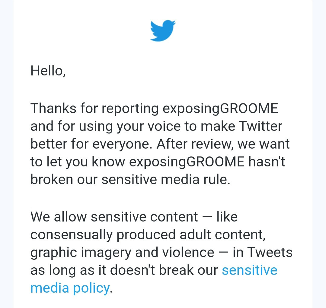 Twitter saying said concent is not violating its guidelines.