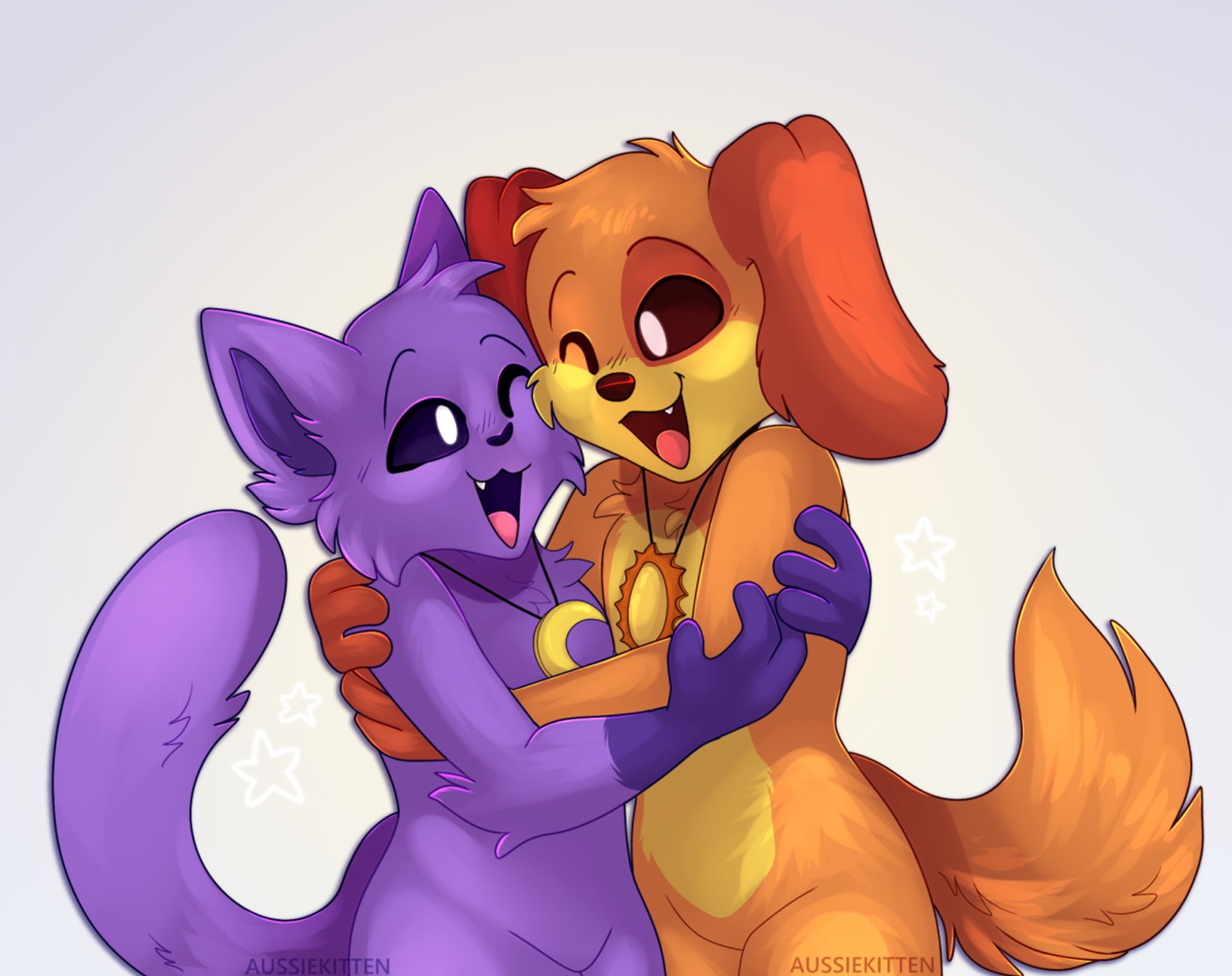 A purple cat and Orange dog hugging