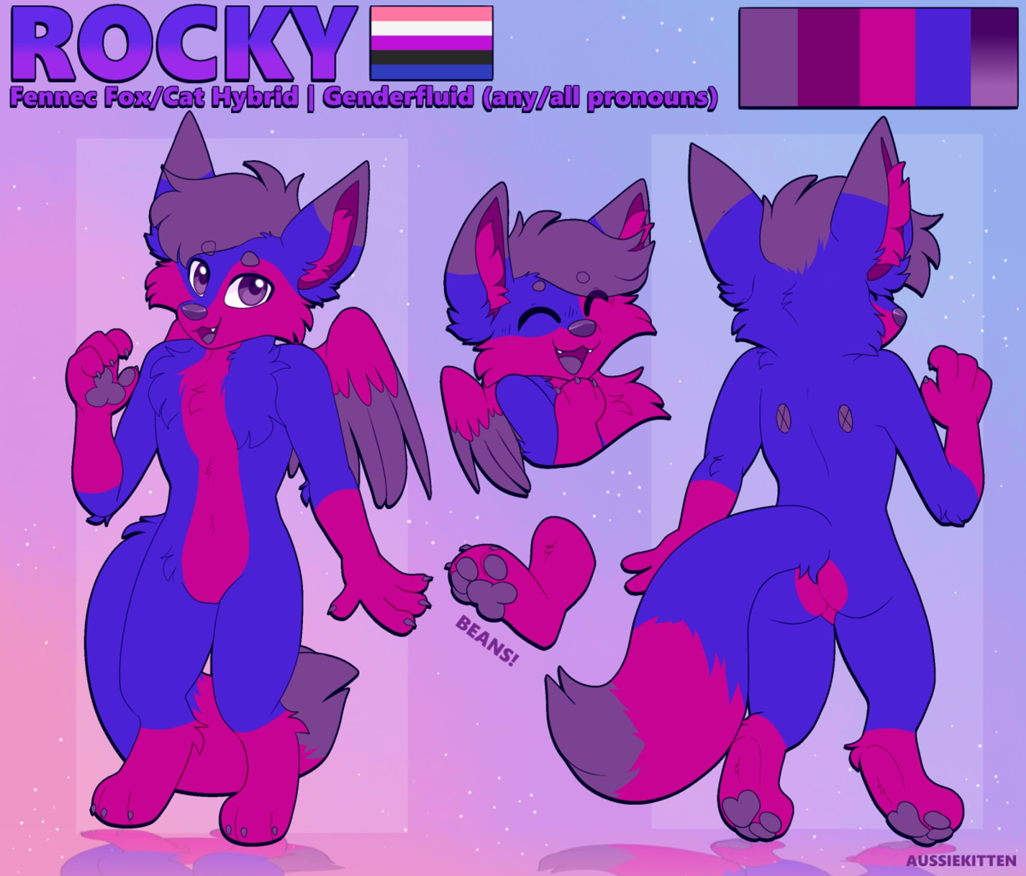 A blue, purple and blue fennec ref sheet