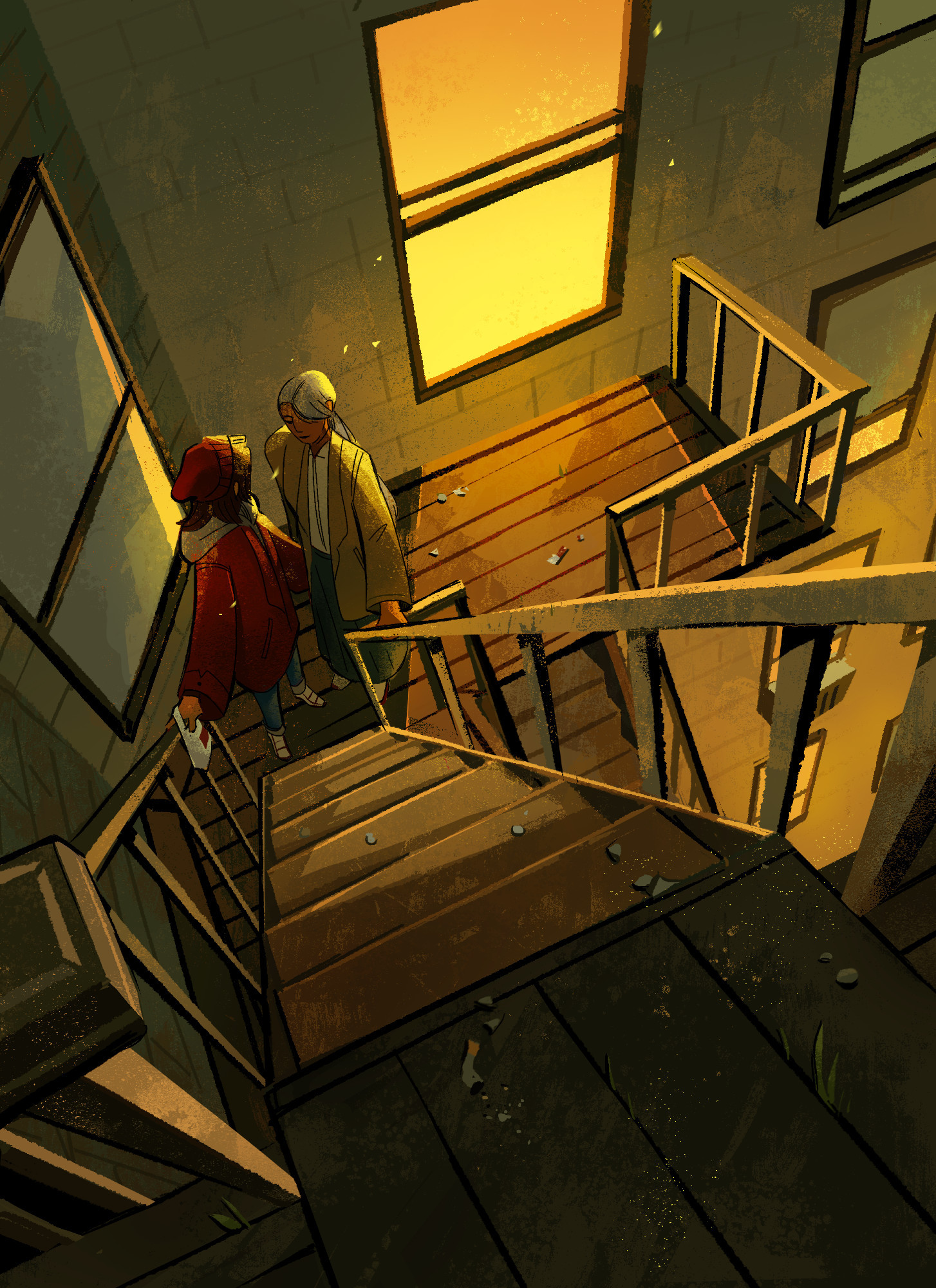 two girls, one wearing a red coat and the other wearing a long brown trench, stand uat the base of a staircase