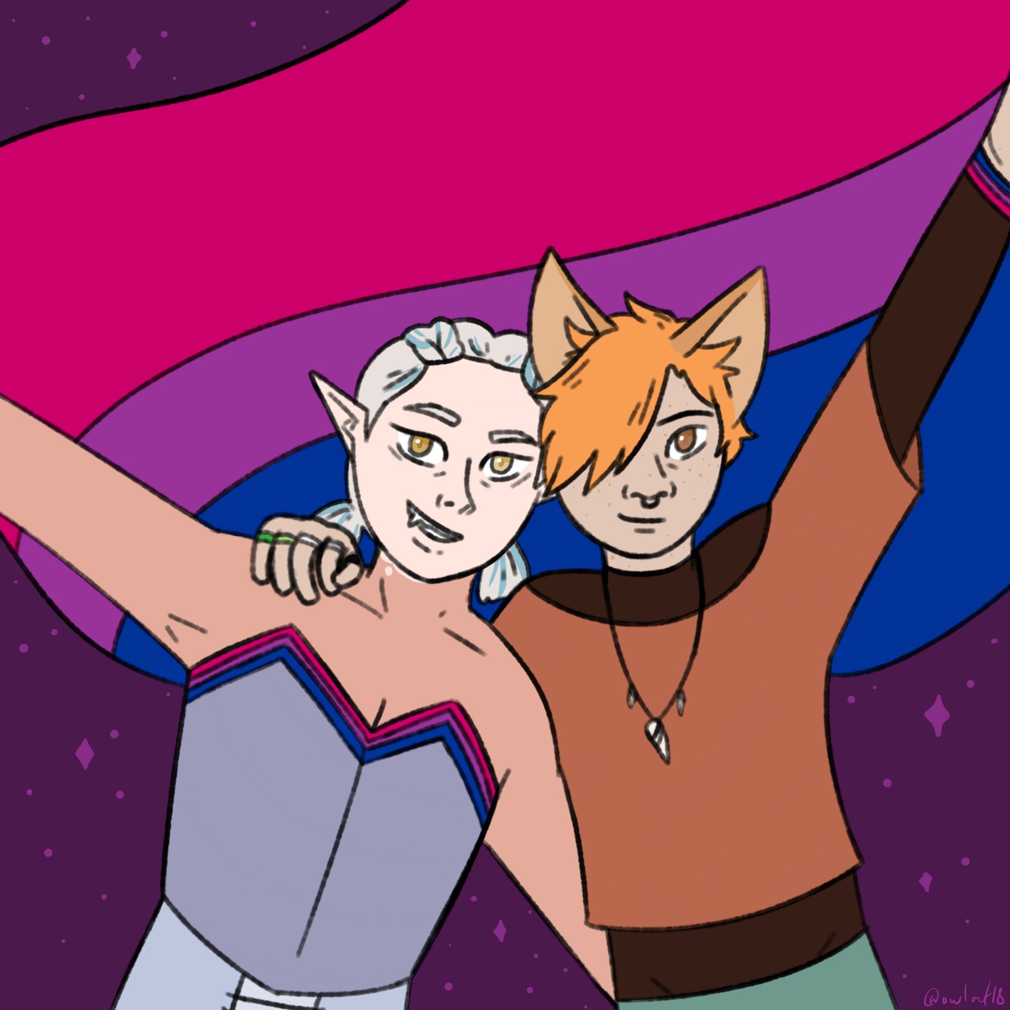 Drawing of 2 humanoid ocs holding up a bisexual pride flag