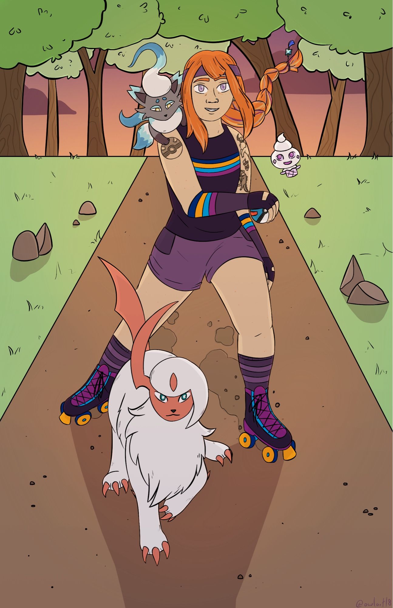 Drawing of a Pokémon trainer with a shiny Absol, shiny Hisuian Zorua and shiny Vanillite