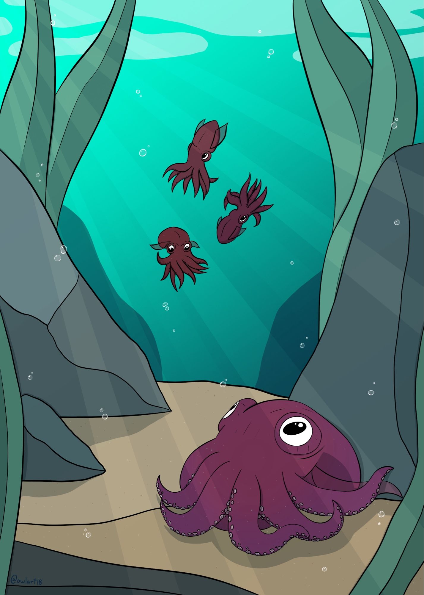 Drawing of stubby squids under the sea