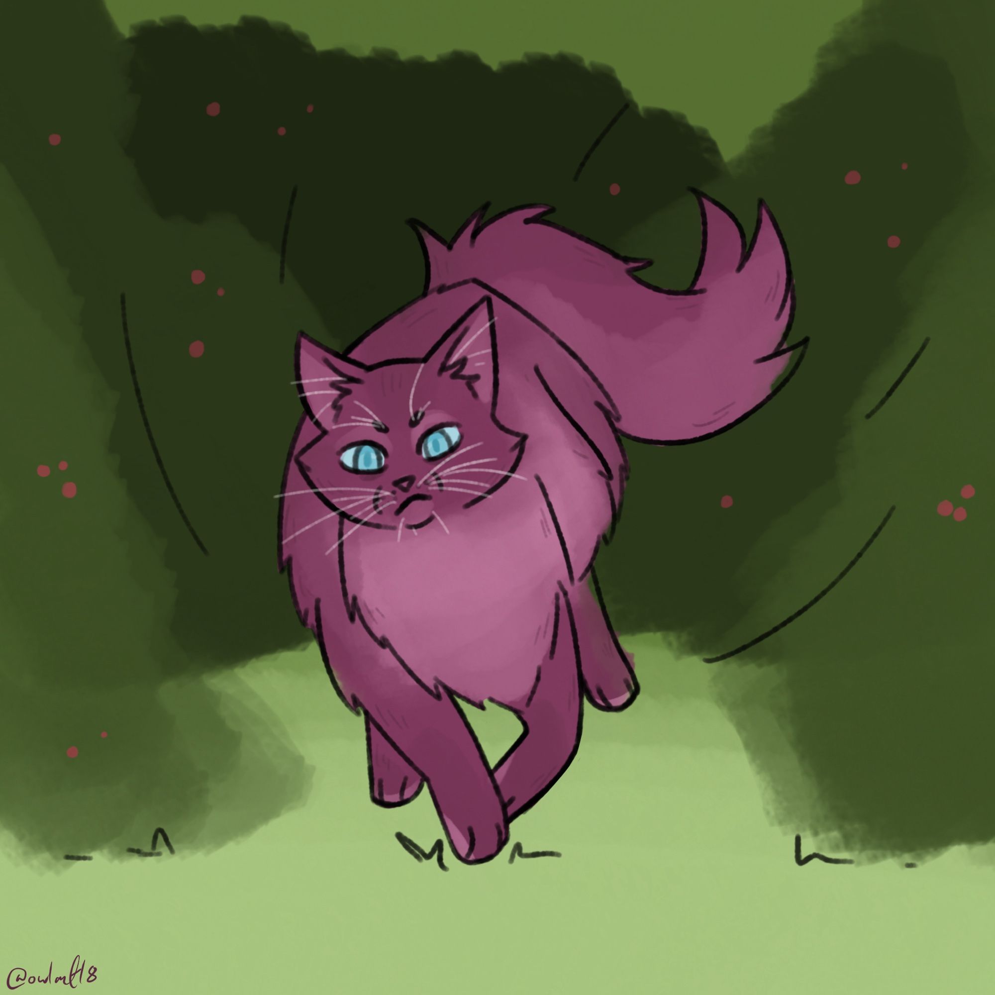 Drawing of a dark pink cat running through berry bushes