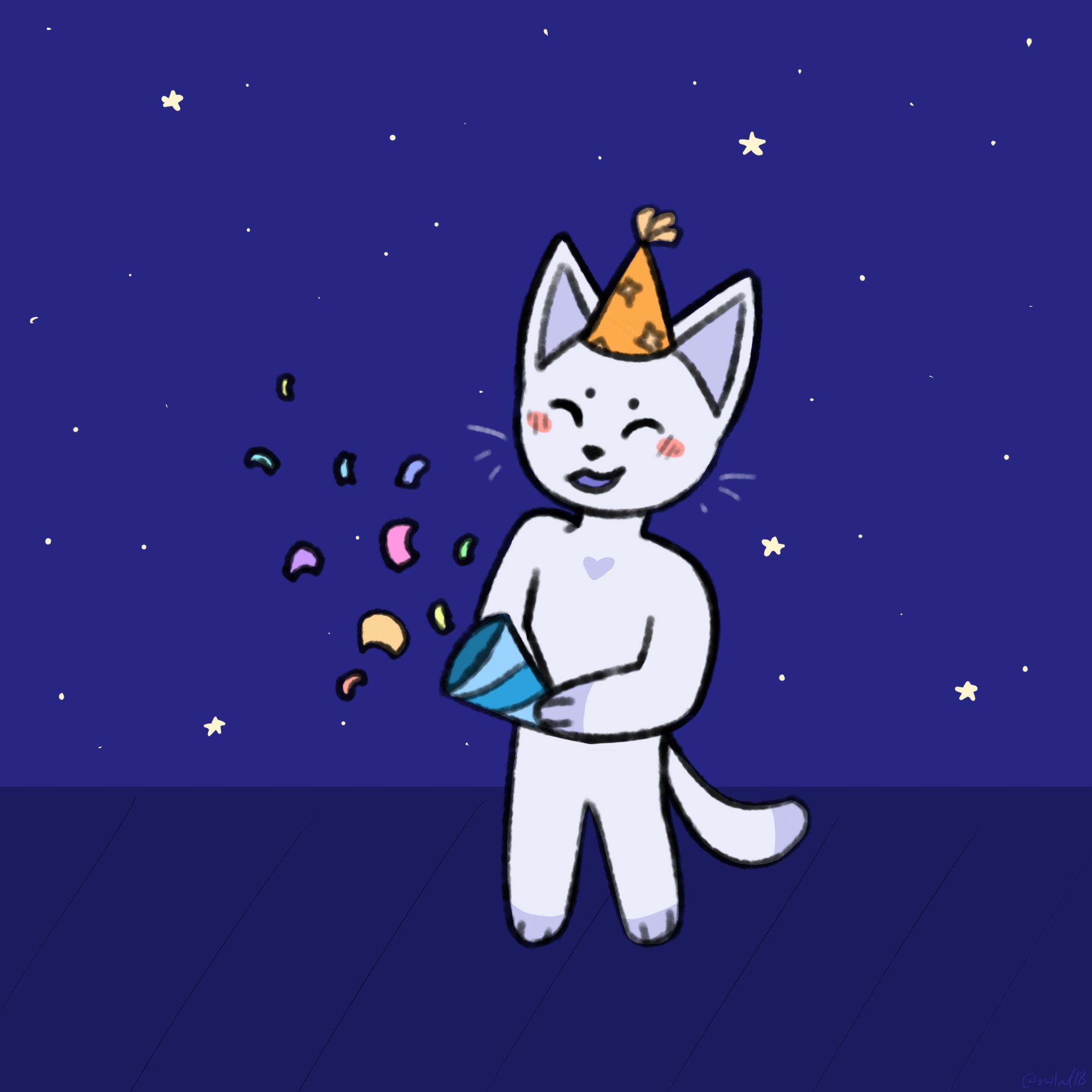 Drawing of an anthro cat using a party popper with a starry background