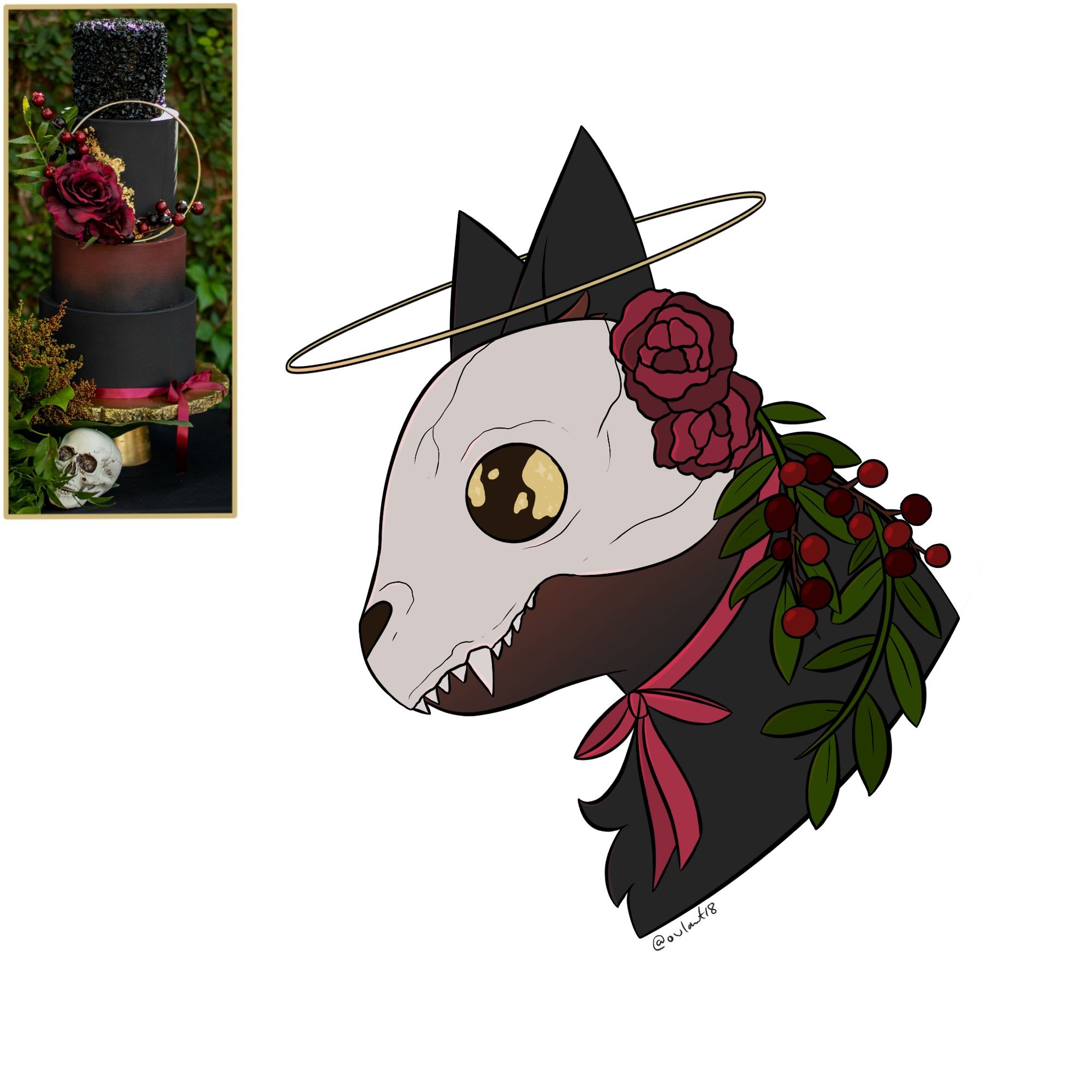 Drawing of a cat based on a picture of a black and red cake with berries, leaves and a skull