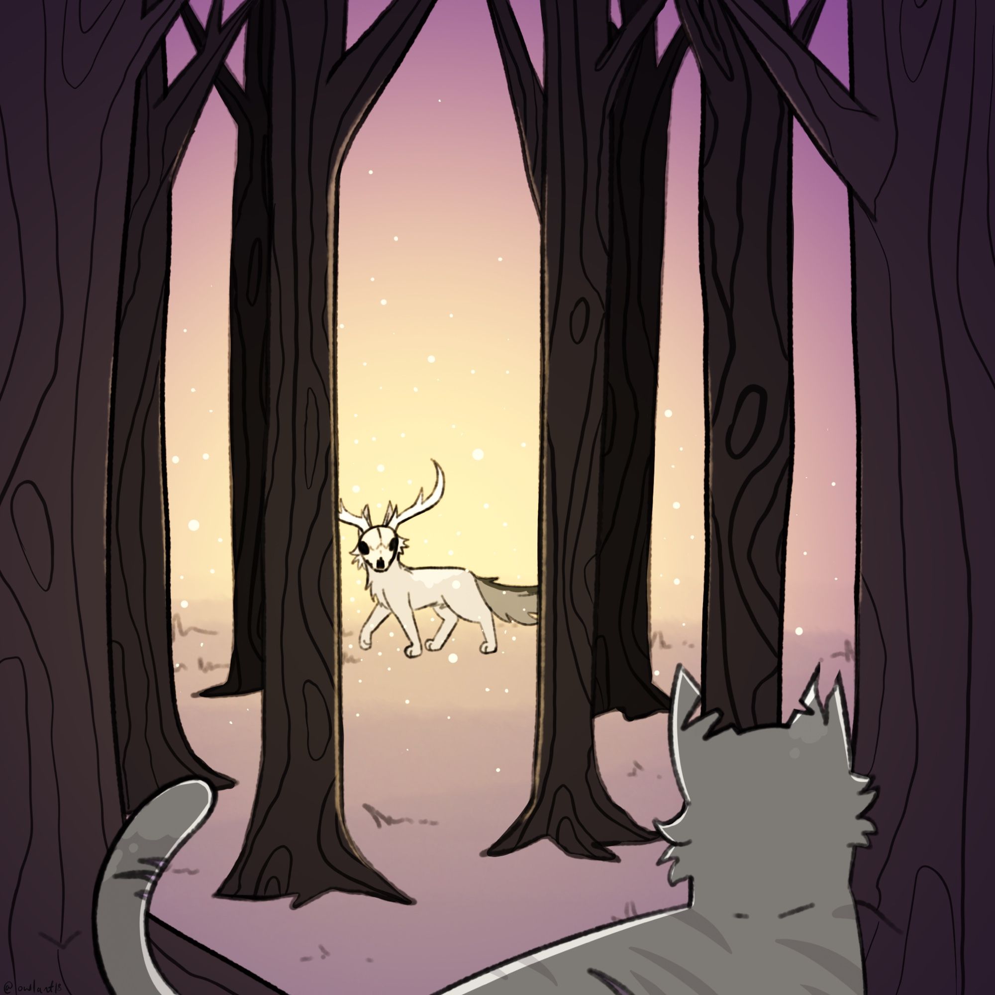 Drawing of Ivypool watching Bristlefrost wearing a deerskull over her face with a forest background 