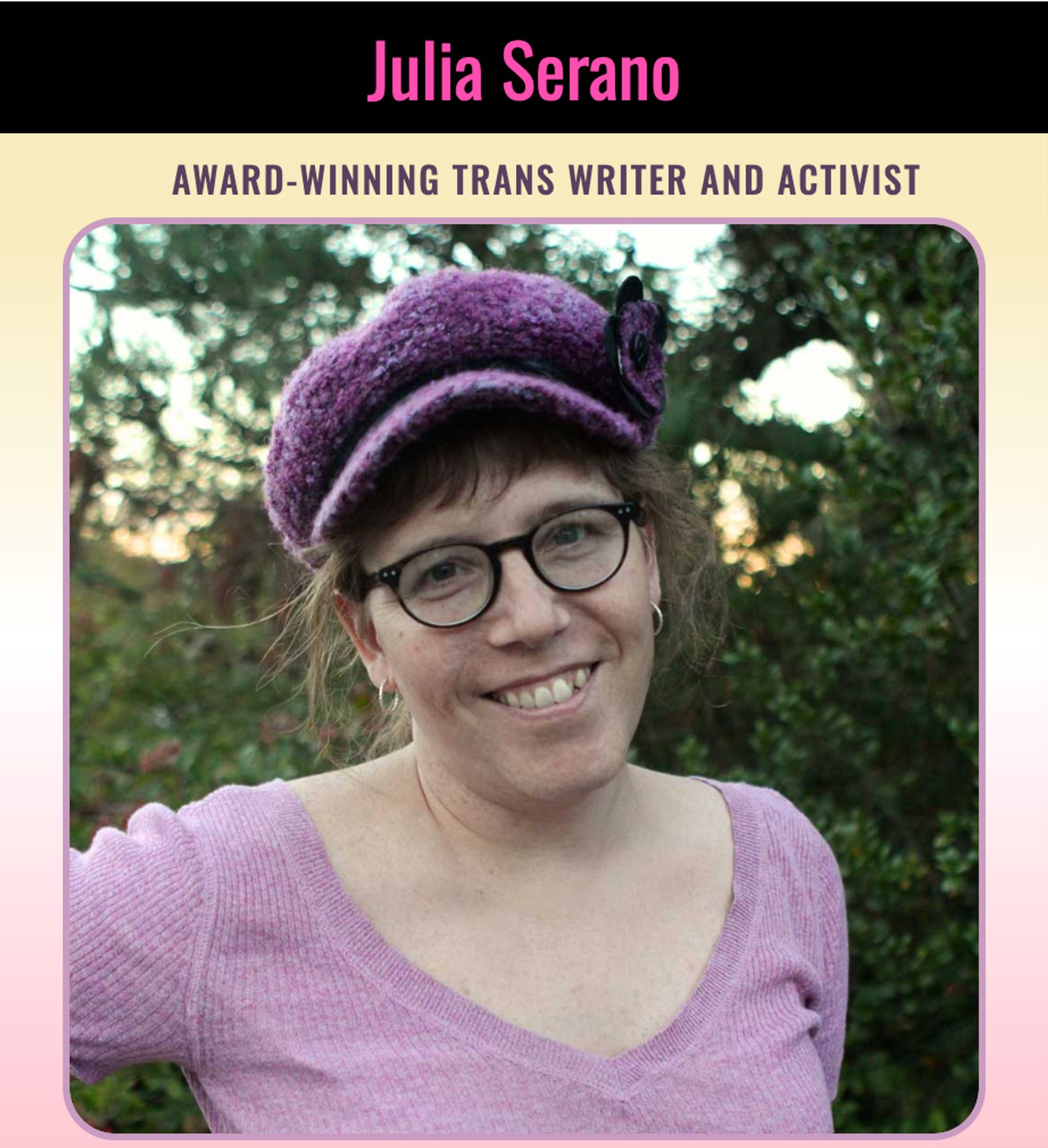 screenshot from the linked-to SF Pride Grand Marshal website depicting me along with the text: "Julia Serano, Award-Winning Trans Writer and Activist"