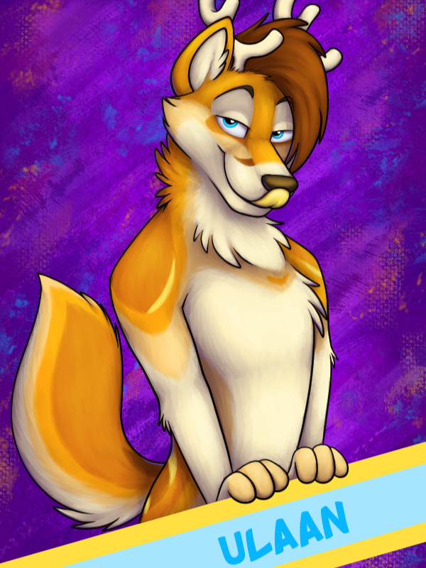 Anthro banana colored fox with antlers, looking at the viewer and seductively licking his nose. Convention badge with the name Ulaan at the bottom