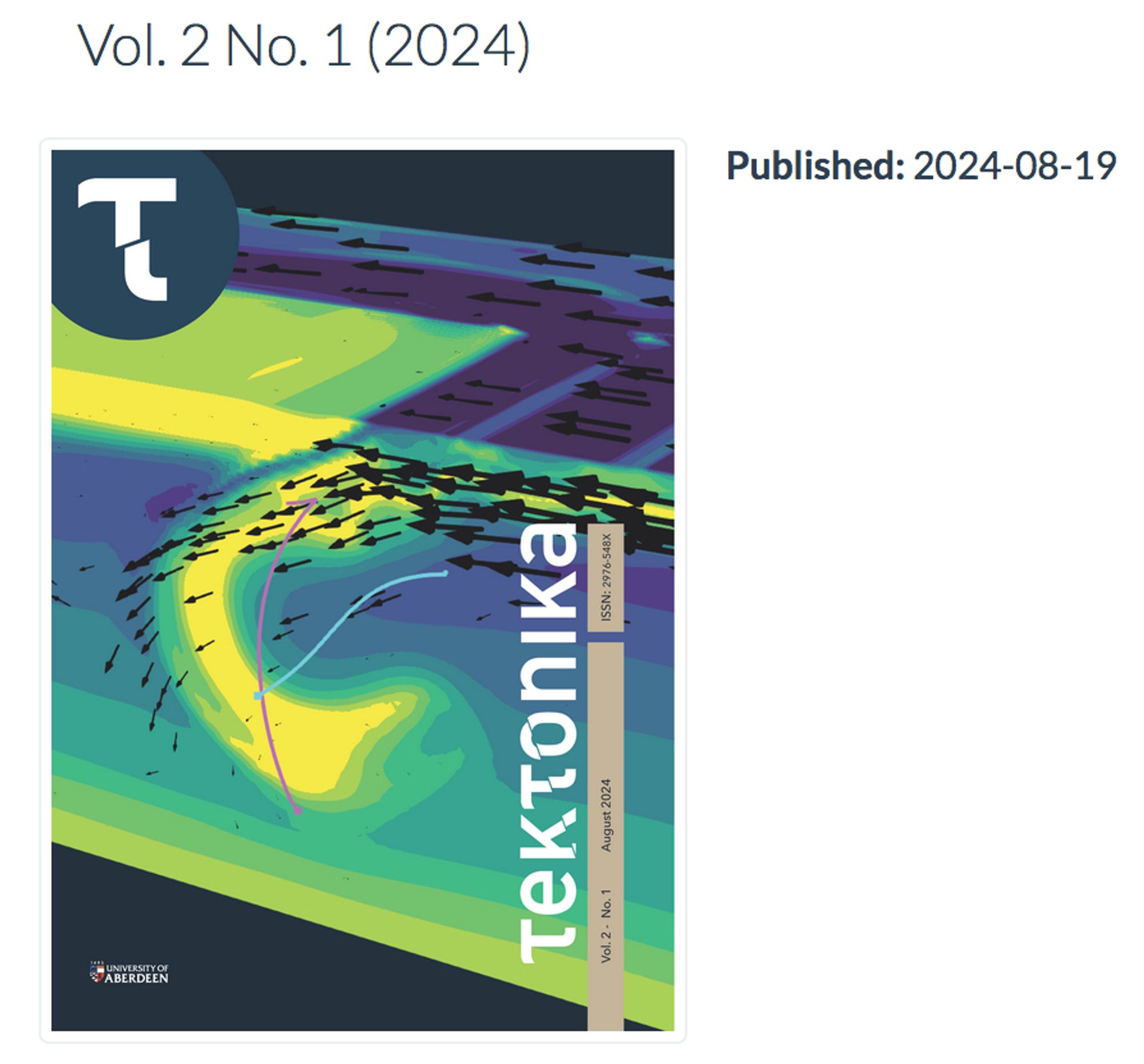 Screenshot of Tektonika web site showing the cover of volume 2 issue 1 and its publication date of 19 August 2024