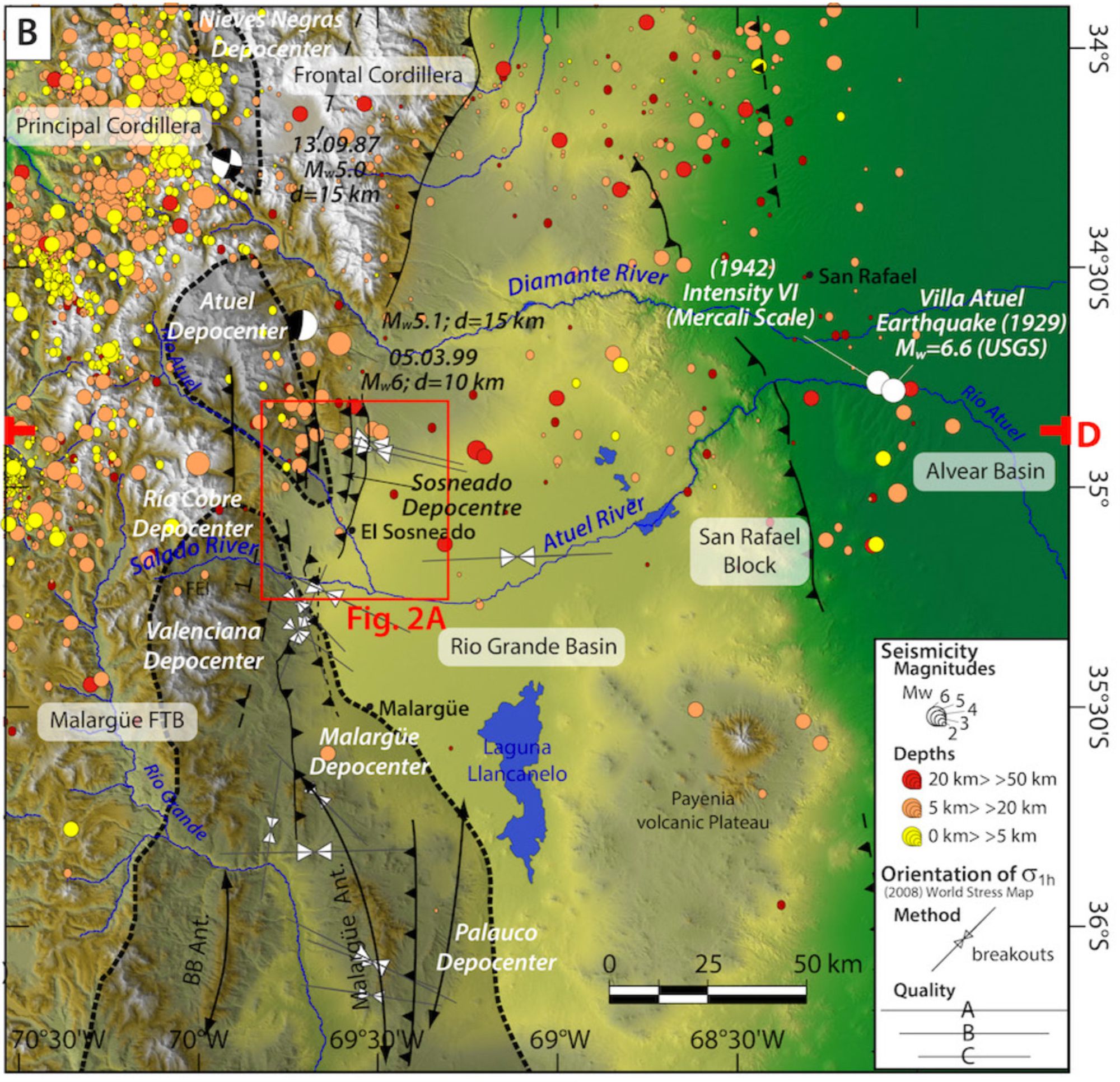 Map of the main tectonic faults and seismicity in the region of Malargüe on a background displaying the topography of the eastern front of the Andes.