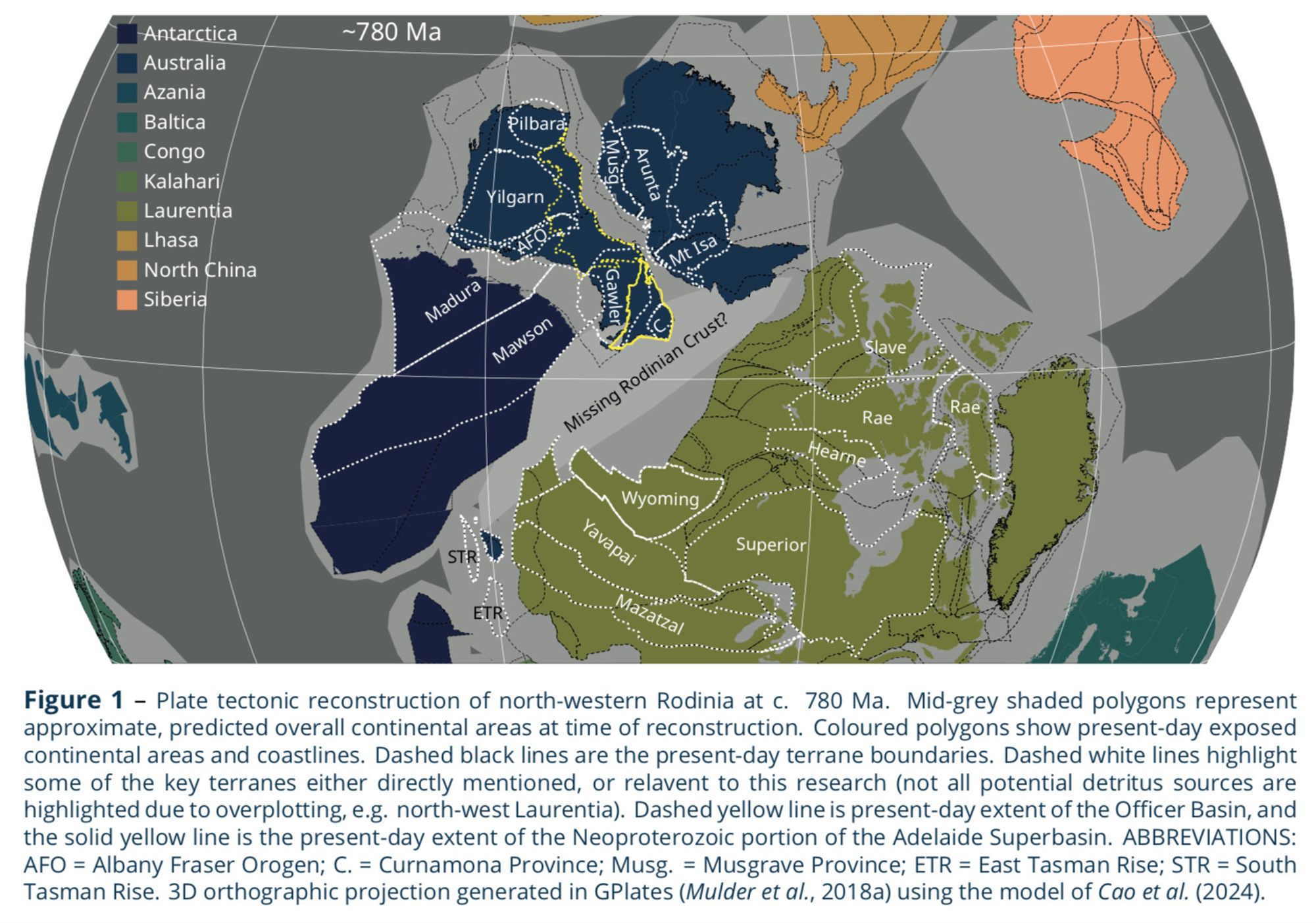 Figure 1 of the published paper. This map is a tectonic reconstruction of the Rodinia continent about 780 million years ago.