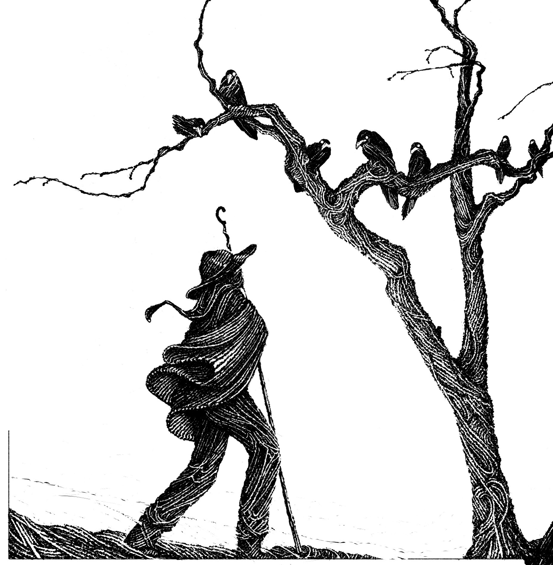 Digital illustration in black and white. A panel of my comic.

A farmer is leaning forward on his staff, looking up at seven ravens sitting atop a barren apple-tree. The birds are abstract, they look back at him.