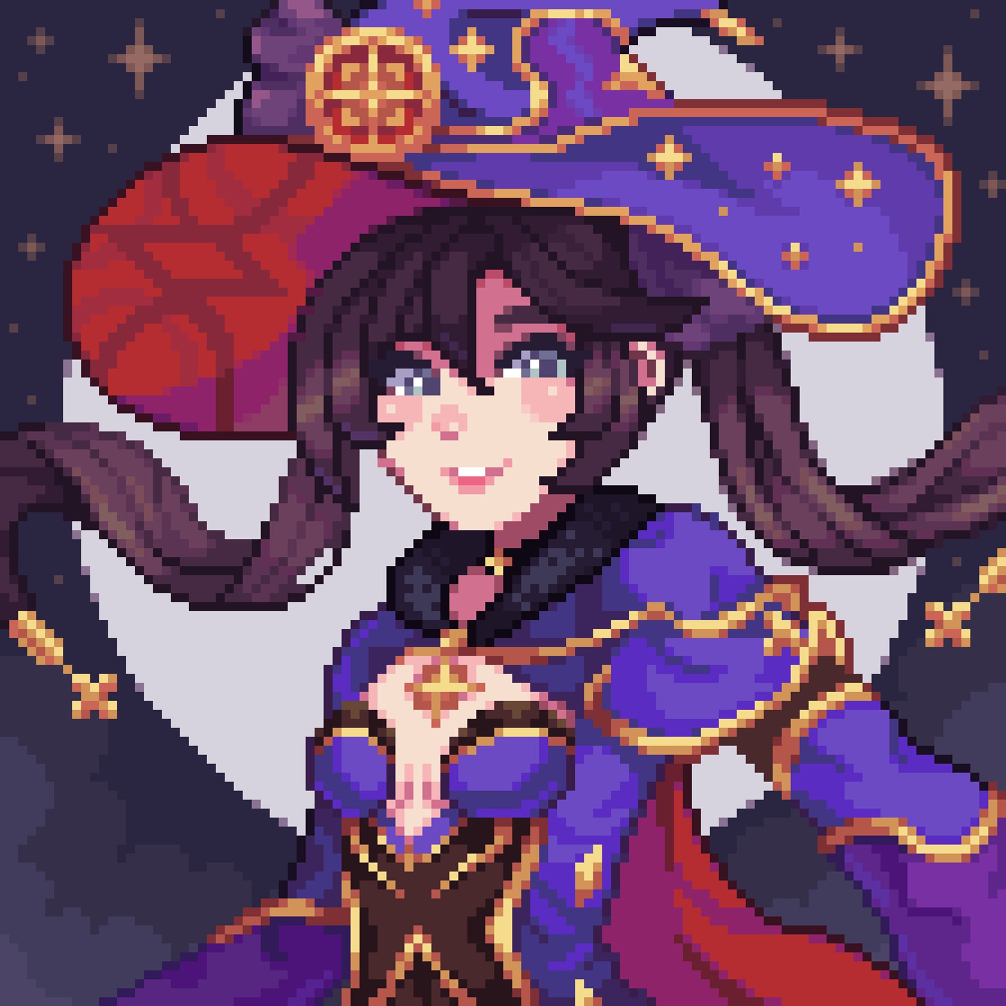 Yumykon's pixel art of Mona Megistus, a genshin impact character.