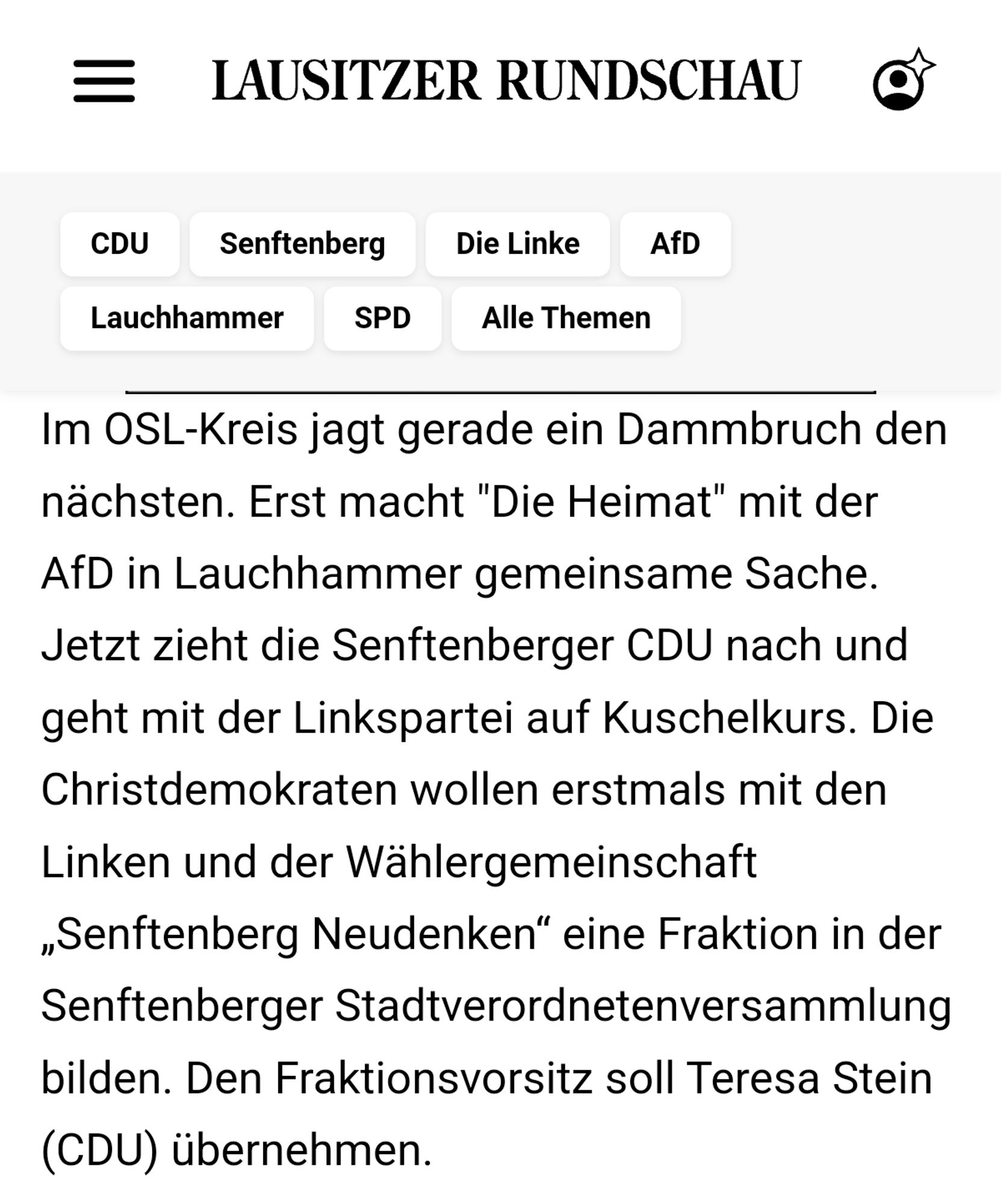 Im OSL-Kreis jagt gerade ein Dammbruch den nächsten. Erst macht "Die Heimat" mit der AfD in Lauchhammer gemeinsame Sache. Jetzt zieht die Senftenberger CDU nach und geht mit der Linkspartei auf Kuschelkurs. Die Christdemokraten wollen erstmals mit den Linken und der Wählergemeinschaft „Senftenberg Neudenken“ eine Fraktion in der Senftenberger Stadtverordnetenversammlung bilden. Den Fraktionsvorsitz soll Teresa Stein (CDU) übernehmen.