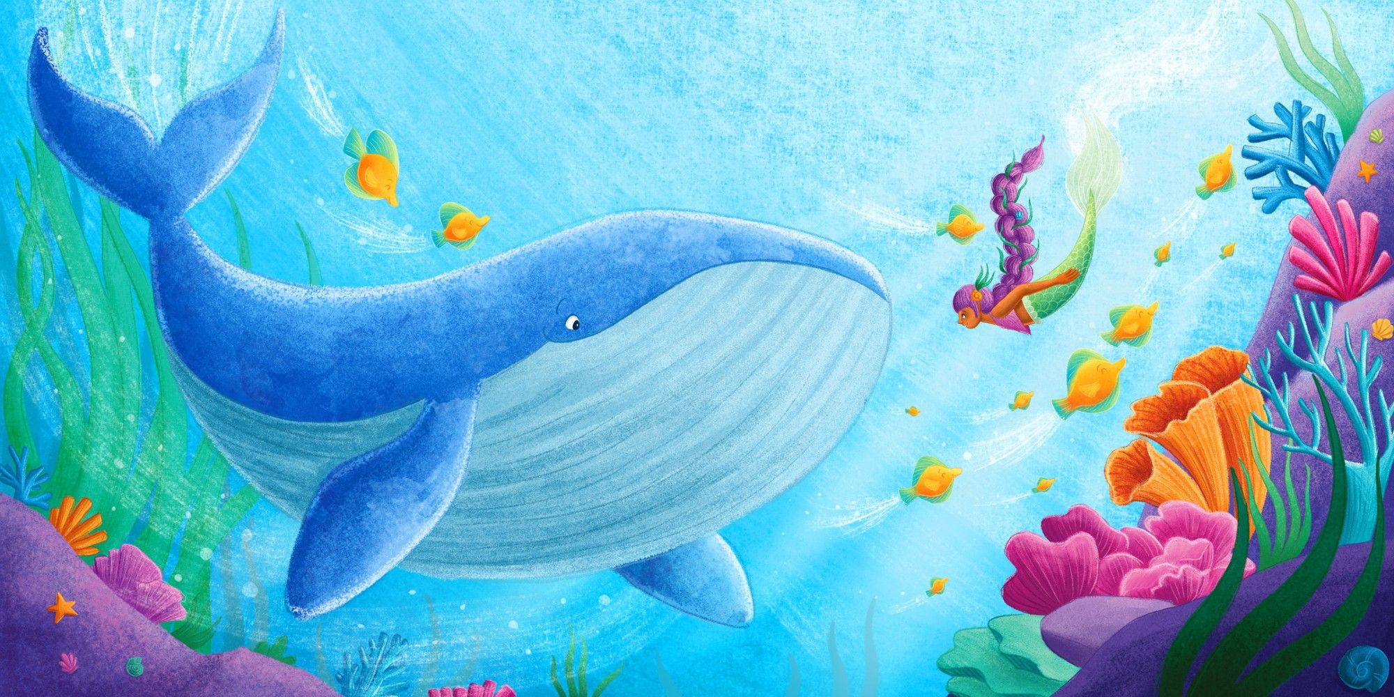 This double page spread shows an underwater scene. To the left you see a friendly blue whale and on the right we see a mermaid swimming down to meet it. They are surrounded by colourful coral reef and small tropical fishes.