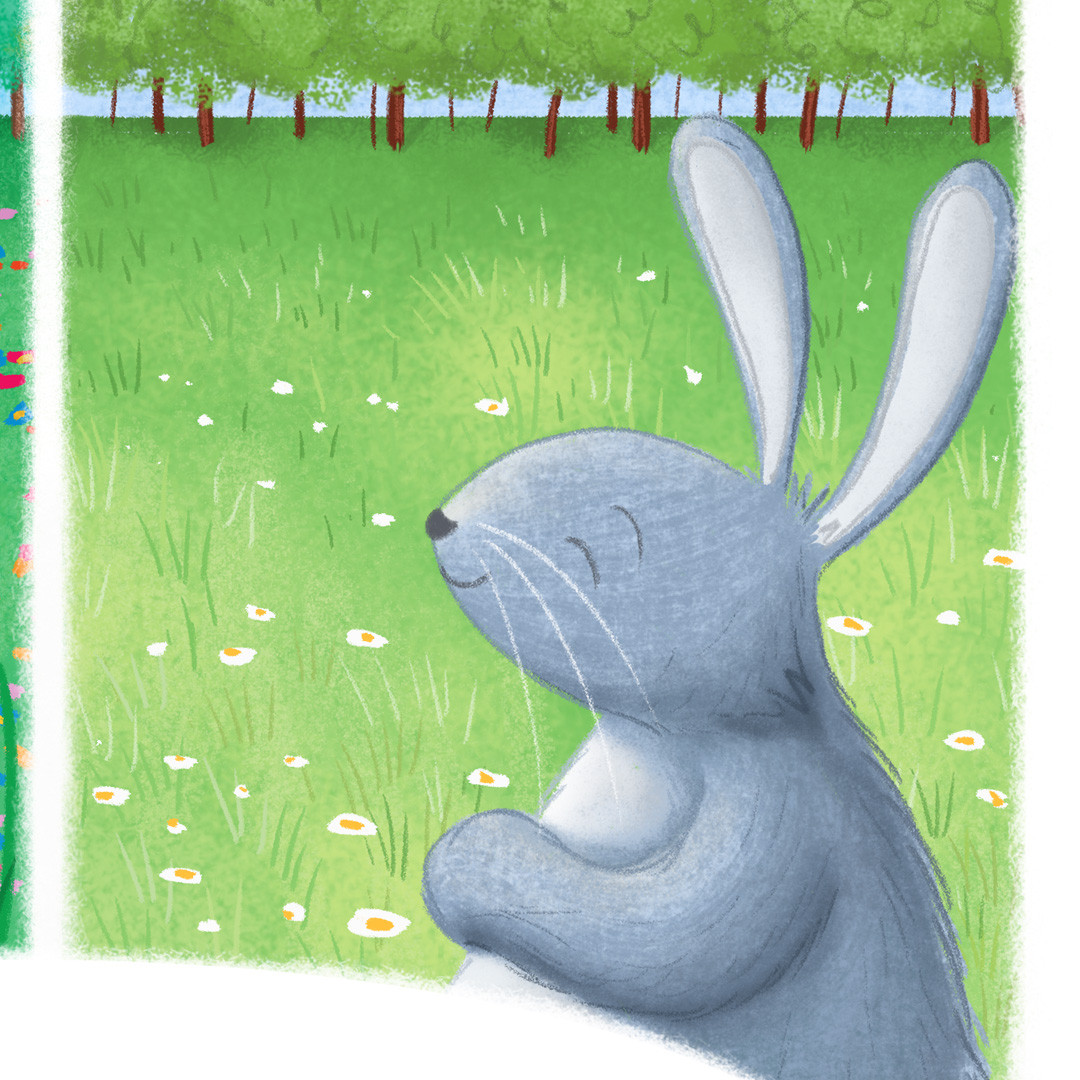 A rabbit sits happily on in the grass with its eyes close.