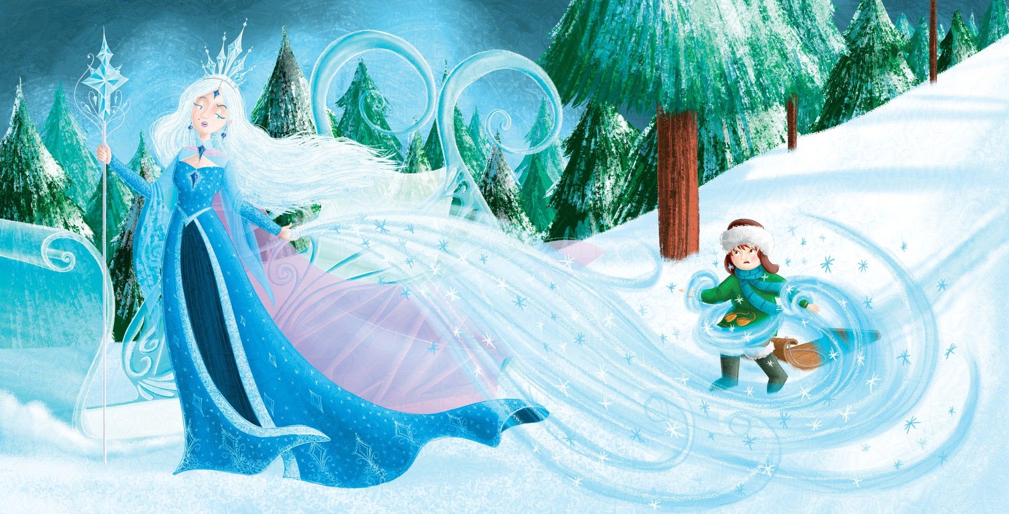 Whole illustration. The snow queen stands tall in the snow next her to sleigh. She wears a grown made of crystals and a staff made of the same. She holds out a arm to the right which shoots out snowy wind which wraps around a young boy who stands to the right looking shocked. He is caught. They stand in a snowy scene full of evergreen trees.