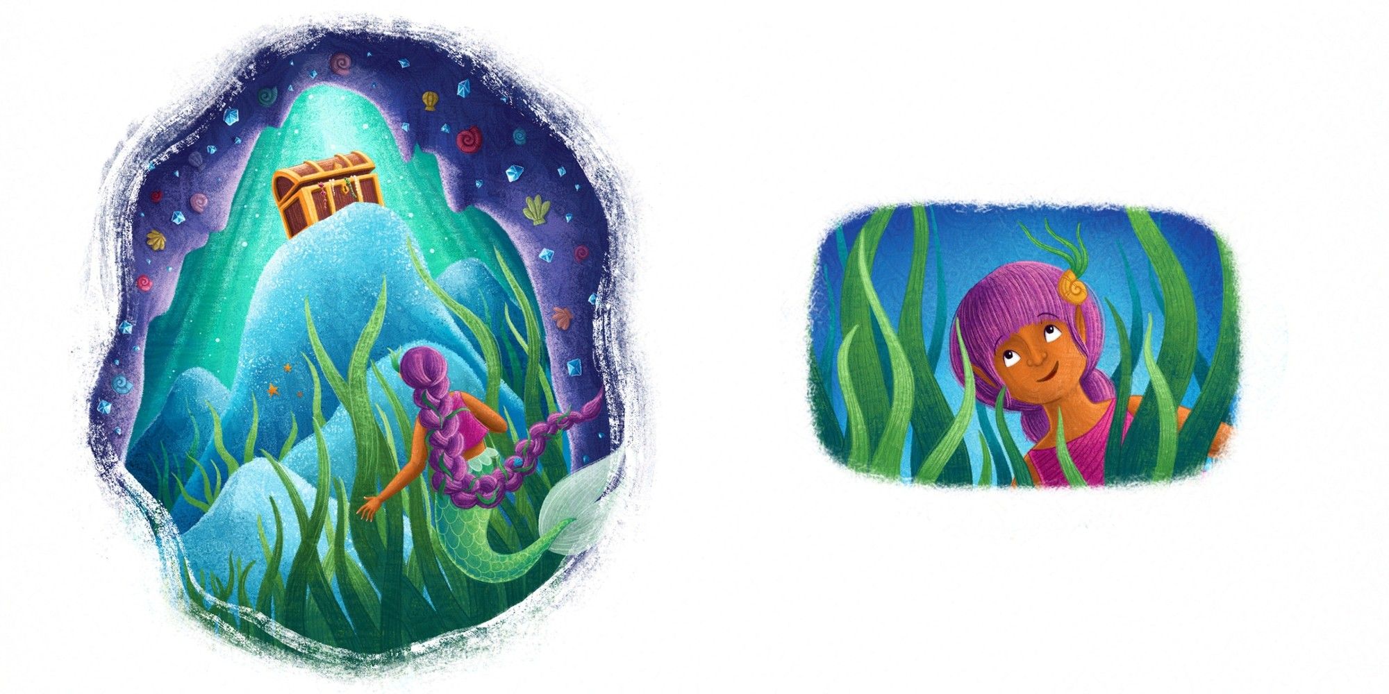 Left side of a double spread page. We are looking into an underwater cavern which contains big standing rocks. On top of the highest rock lays a treasure chest, a little  open with jewellery peeking out of it. A light from above shines down on it. In the foreground we see a mermaid from behind looking up at the chest. She has a green tail and long purple plaited hair. We cannot see her face. The scene is peppered by seaweed and shells and glistening diamonds embedded in the cavern walls.

Right side of the page we see a close up shows the face of the mermaid looking excitedly up at the treasure chest off page. Her face is framed by seaweed.