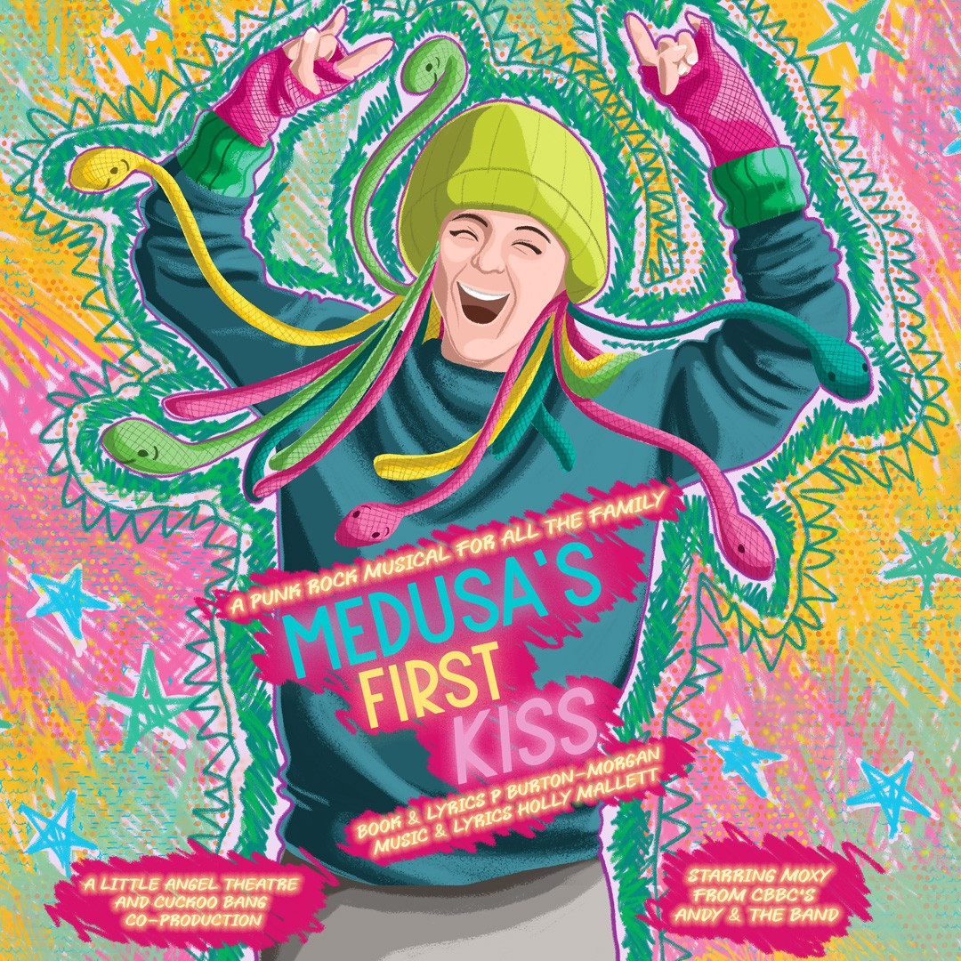 The poster shows an exuberant looking girl with her hands up smiling. She has snakes for hair and is wearing a green jumper, a green beanie and pink fingerless gloves. The background is made of neon colours scribbles and stars