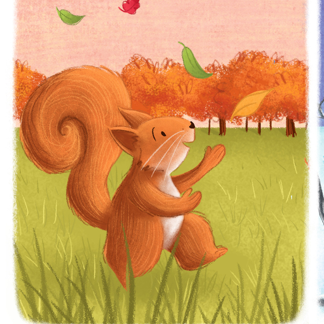 A squirrel is catching autumnal leaves in the grass. Trees turned orange and red stand in the background