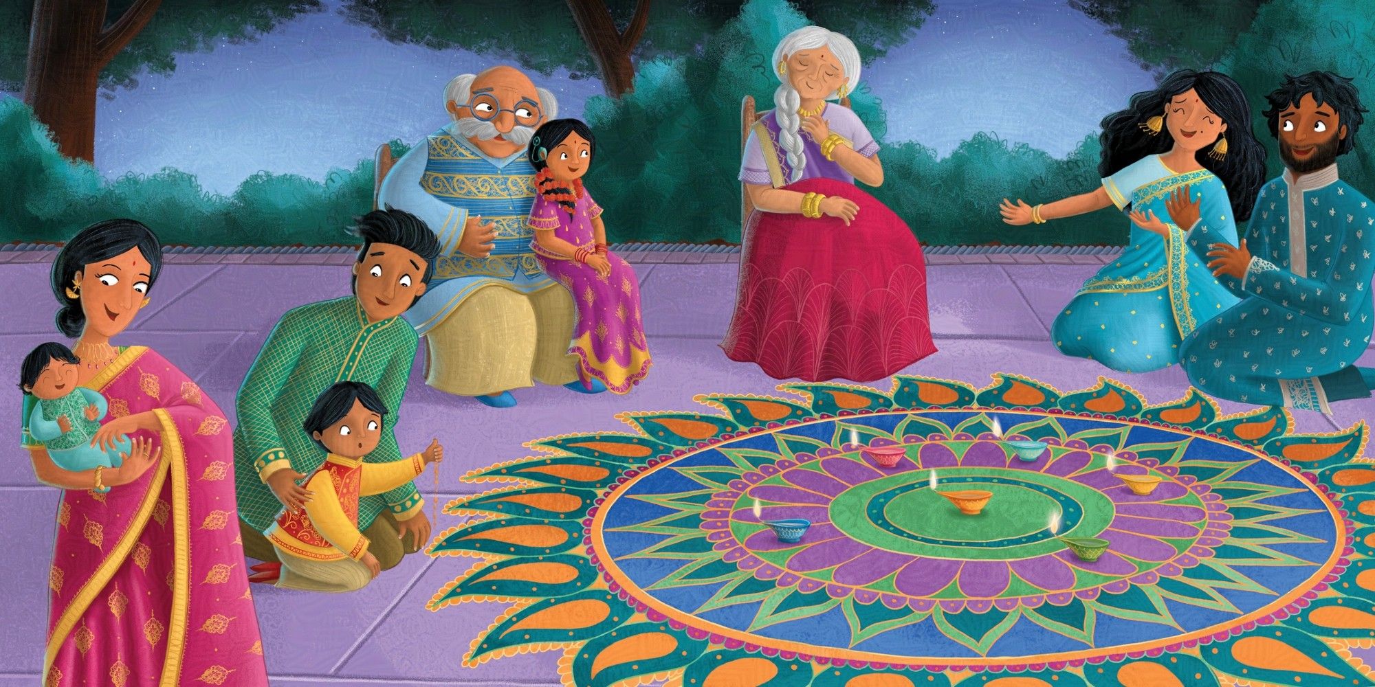 To the left family are gathered outside in the background. An aunt is holding a baby. A father and son are laying down some powder onto a rangoli. In the background the grandfather sits on a chair looking to the right with his granddaughter in this lap. More family are gathered to the right. At the bottom of the page we see the full rangoli laid out on the patio in vibrant colours. There are 6 diya's laid out on it. A grandmother sits behind the rangoli with a blanket over her knees. She has her right arm over her heart and looks content. To her right her daughter is singing. The uncle sits beside her clapping along.