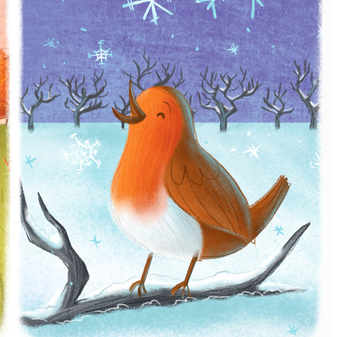 shows a robin singing in the snow. Snowflakes fall from the sky and trees stand bare in the background