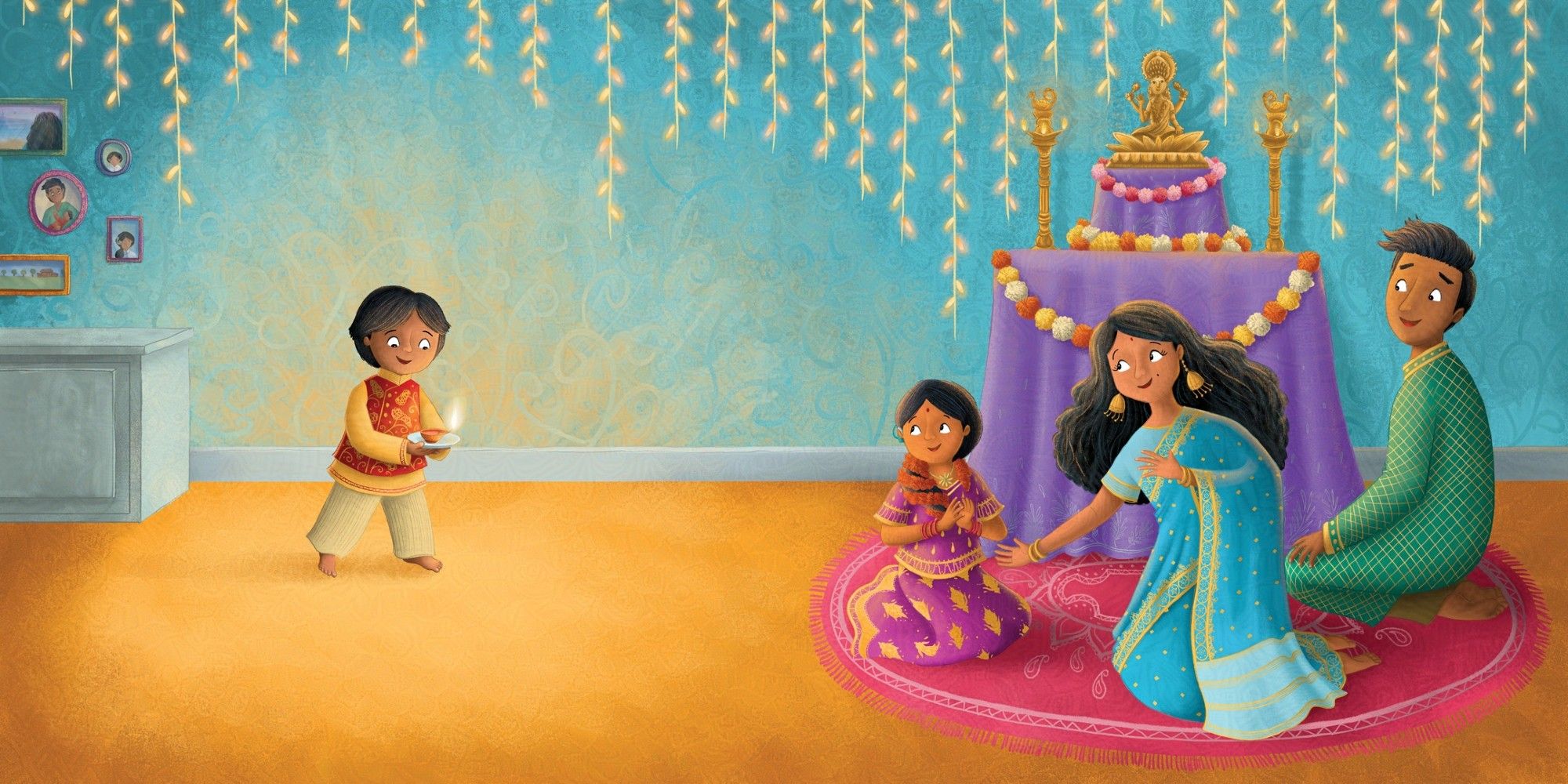 On the left, a boy in traditional south asian clothes holds a diya. He is looking down happily at it and walking towards the right. In the background you can see family photos and fairy lights hanging on the walls. On the right a mum and dad and their daughter are sitting on the floor infront of a diwali alter which is decorated with flowers. They are all in traditional clothing and are looking over to the left. The mother is beckoning to the boy.