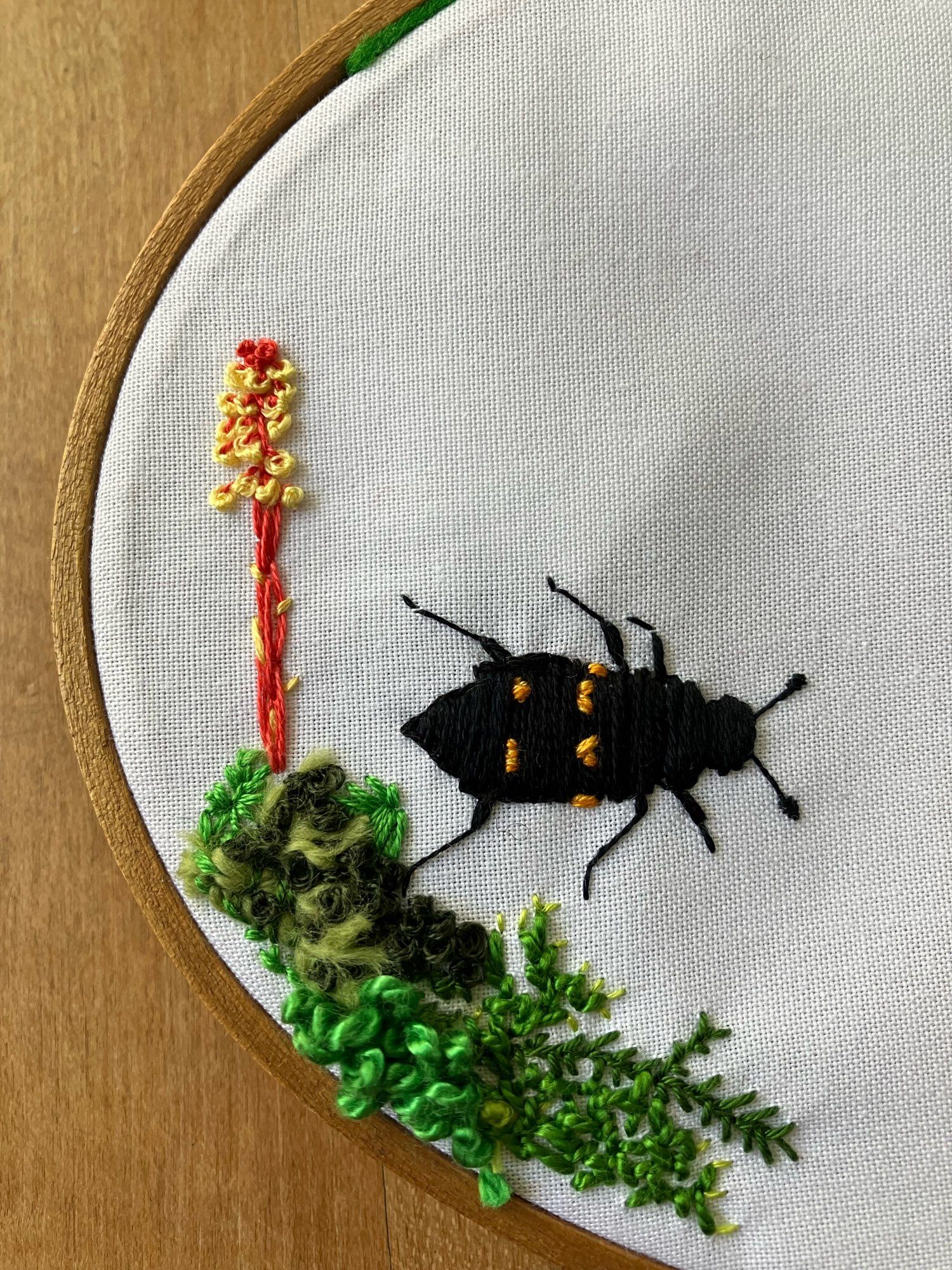 An embroidery hoop with moss, a beetle and a red and yellow pinedrop embroidered on white fabric.